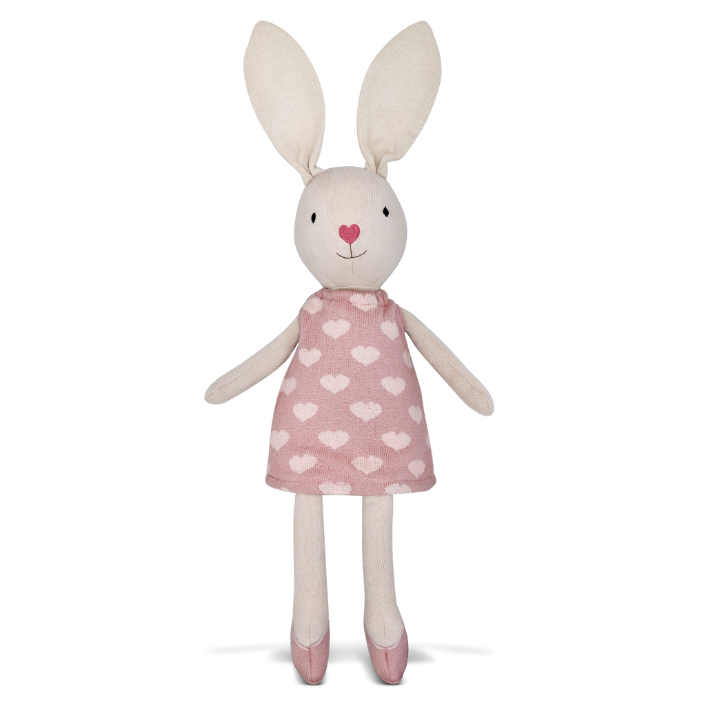 Hop into fun with our Knit Bunny Plush - Luella! This cuddly companion is the perfect blend of softness and playfulness. Made with high-quality knit fabric, Luella is ready to be your new best friend. Perfect for snuggles and imaginative adventures, bring home Luella today!     • 100% GOTS certified organic cotton  • Embroidered nose, mouth and eyelashes  • Made with OEKO-TEX 100 eco-friendly dyes  • Approximately 16.5 x 3.75 x 3 inches