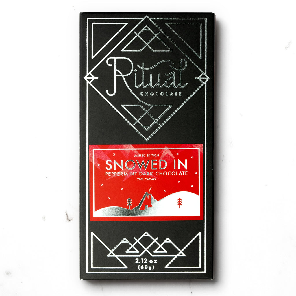 Snowed In 70% Cacao- This classic seasonal bar has organic candy cane pieces sprinkled into our Mid Mountain 70% dark chocolate with a subtle peppermint essence melt in every bite. Truly one to enjoy this winter, weather as a quick chairlift snack, the perfect stocking stuffer or cozying up by the fire while being snowed in.