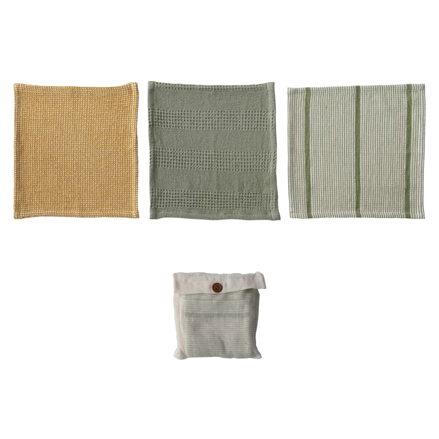 Cotton Waffle Weave Dish Cloths w/ Loop - Set of 3 in Bag     Size  11-1/2" Square Cotton Knit Striped Dish Cloths     Color  Green, Sage & Mustard Set of 3 in Cotton Bag