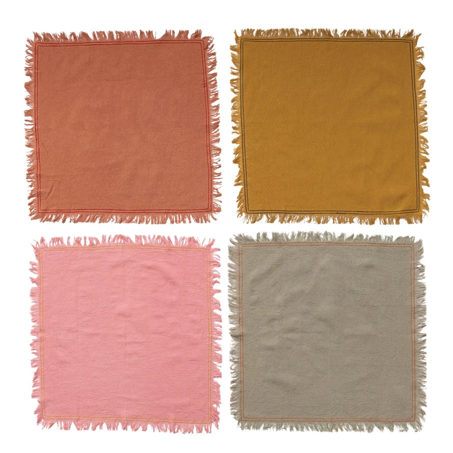 Cotton Napkins w/ Fringe     Colors  Rust, Mustard, Pink & Stone  Size  18" Square  Set of 4