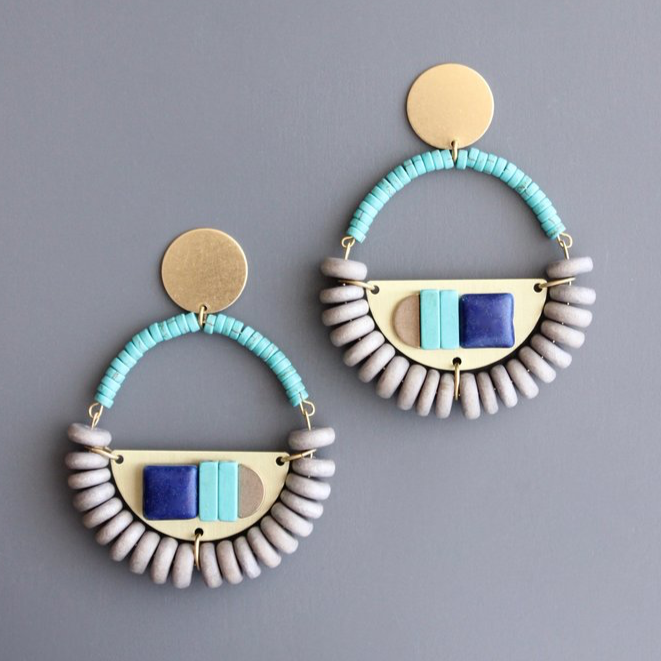 Jade & Painted Wood Stud Hoop Earring - David Aubrey Jewelry