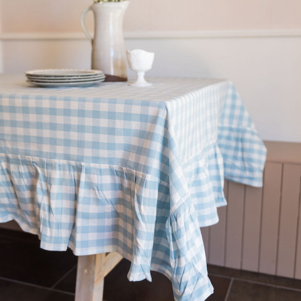Blue Ruffled Gingham Tablecloth