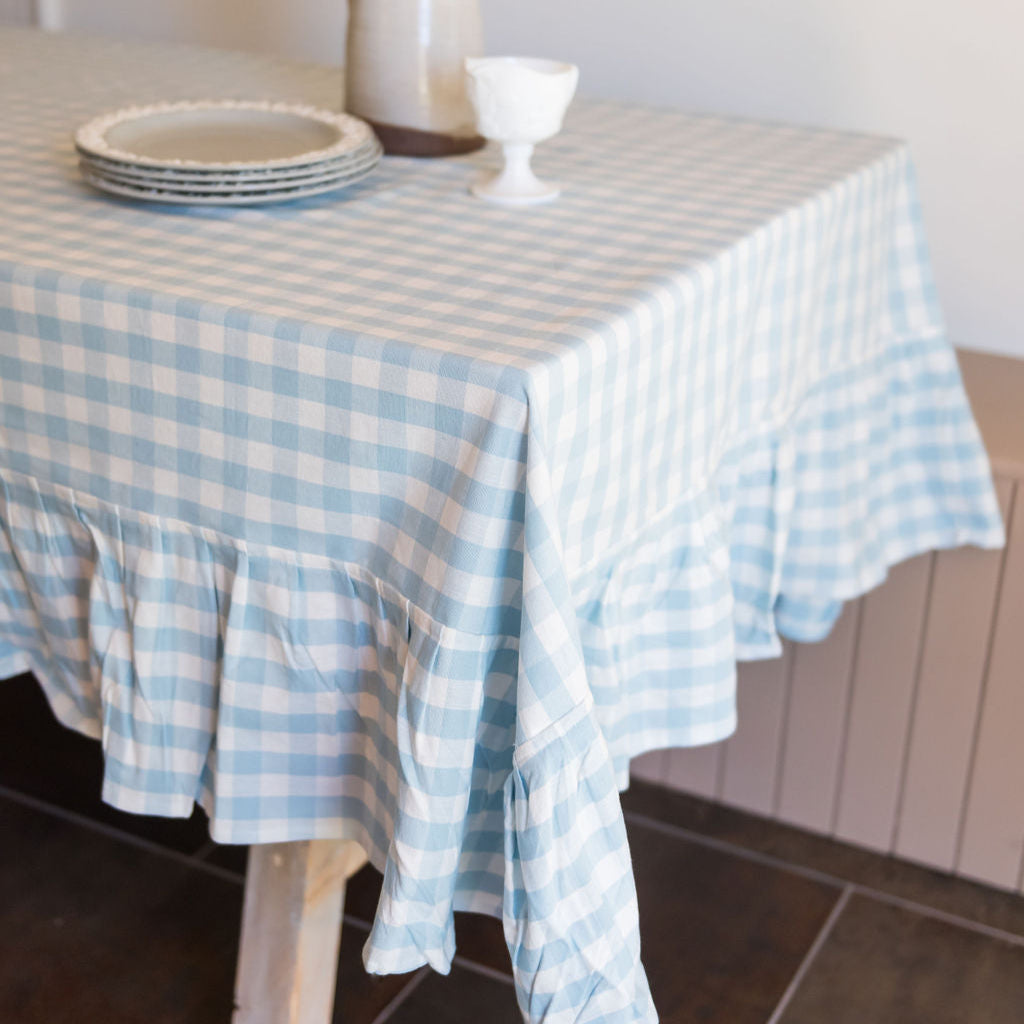 Blue Ruffled Gingham Tablecloth