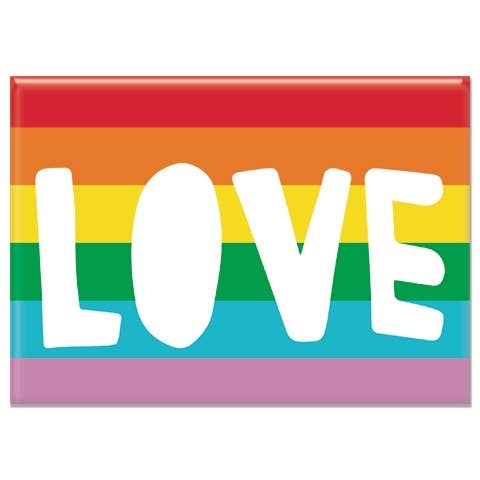 Love Rainbow Rectangle Magnet by Badge Bomb. 2.25" x 3.5" USA Made with recycled paper &amp; steel Hand-pressed by Badge Bomb