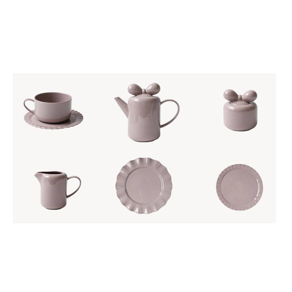 The tea set is available as a 6 piece deluxe porcelain tea set. This set features a simple all solid color design, with each piece made from porcelain. This set is sure to be a hit at your next family gathering, holiday, or just because.  All pieces are dishwasher and microwave safe.