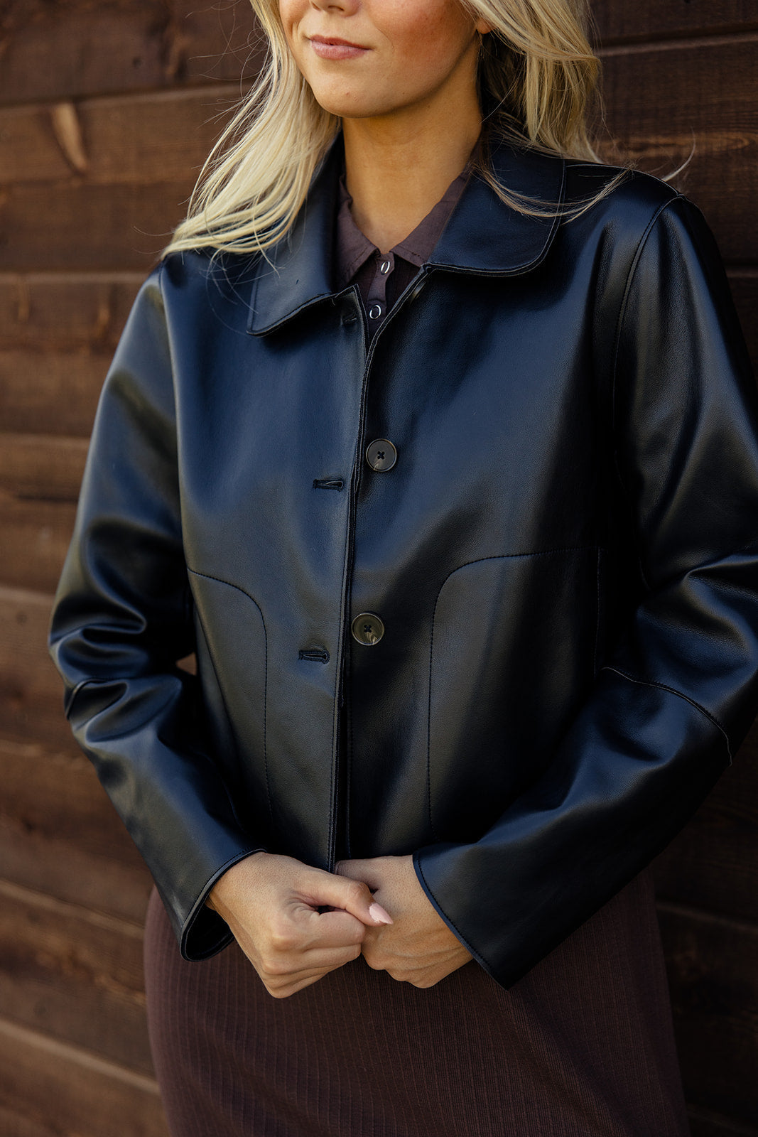 Violet Leather Button Down Jacket