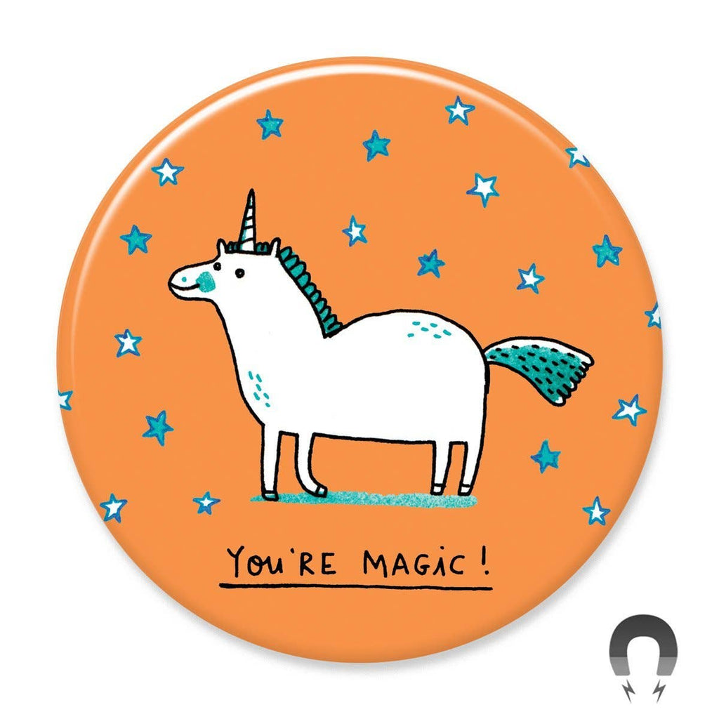 Experience the allure of sustainable novelty with our You're Magic Big Magnet, brought to you by Badge Bomb. This magnet, designed by Gemma Correll, not only adds a touch of charm to your space but also aligns with your eco-conscious values. Crafted from recycled materials, this magnet is a testament to our commitment to high-quality, sustainable products. Perfect for adding a dash of magic to your fridge or workspace, this magnet is a delightful blend of functionality and whimsy. 2.25" round
