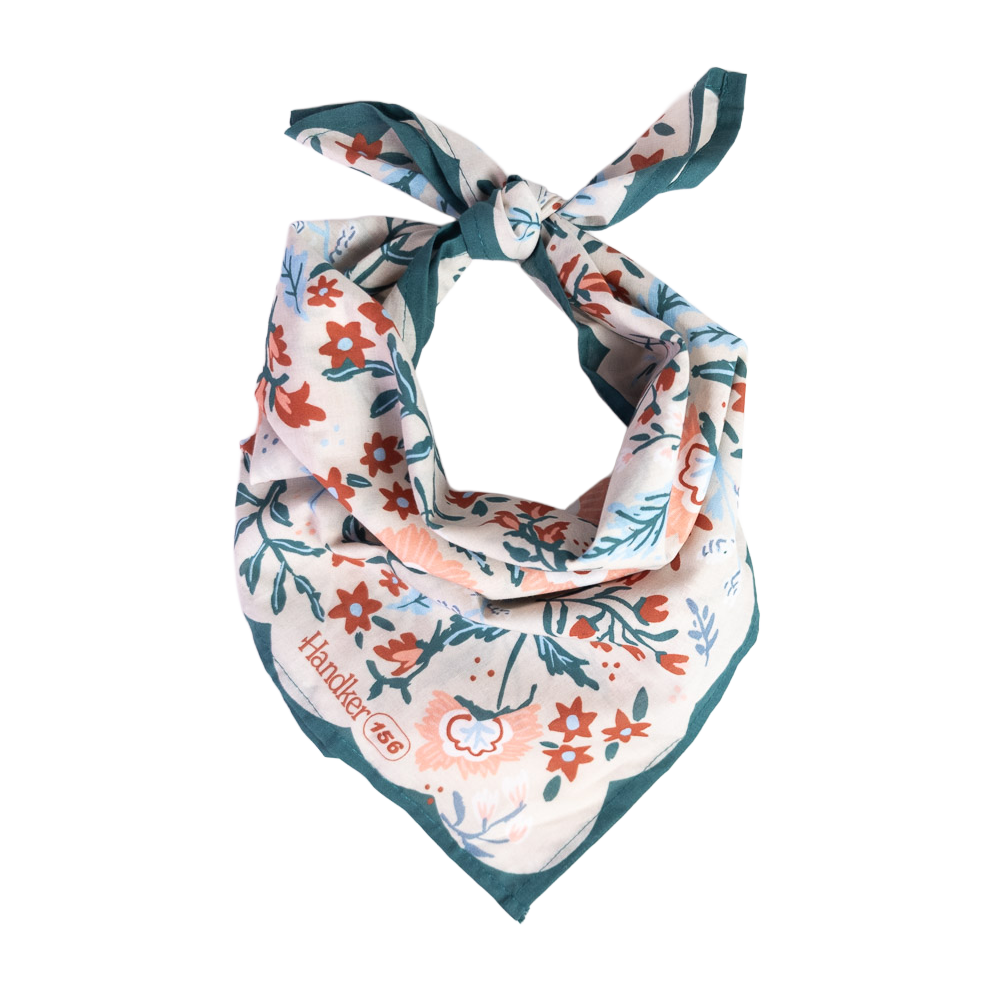 Floral patterned bandana with a brand logo on a white background