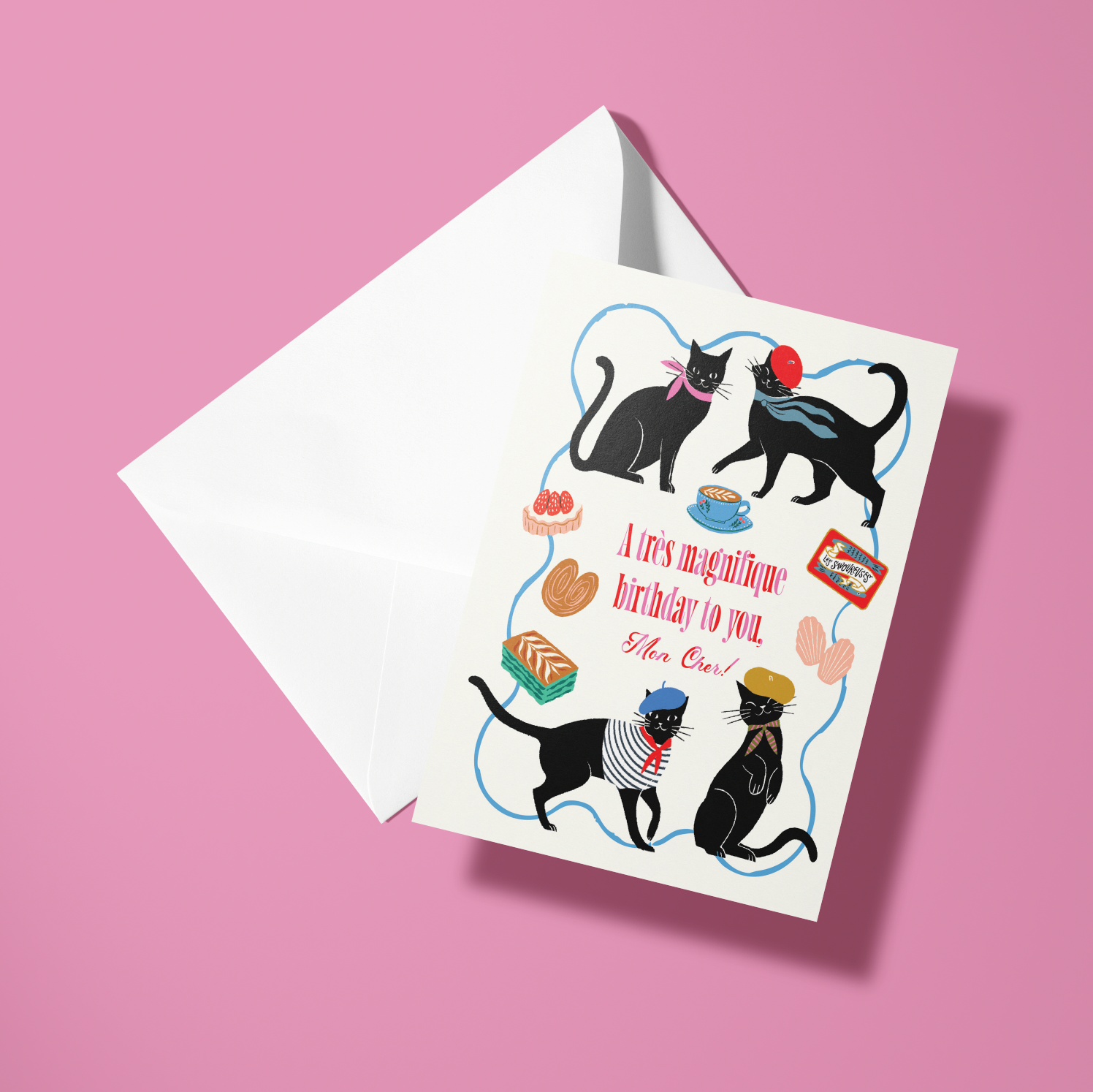 Greeting card with black cats and colorful illustrations on a pink background