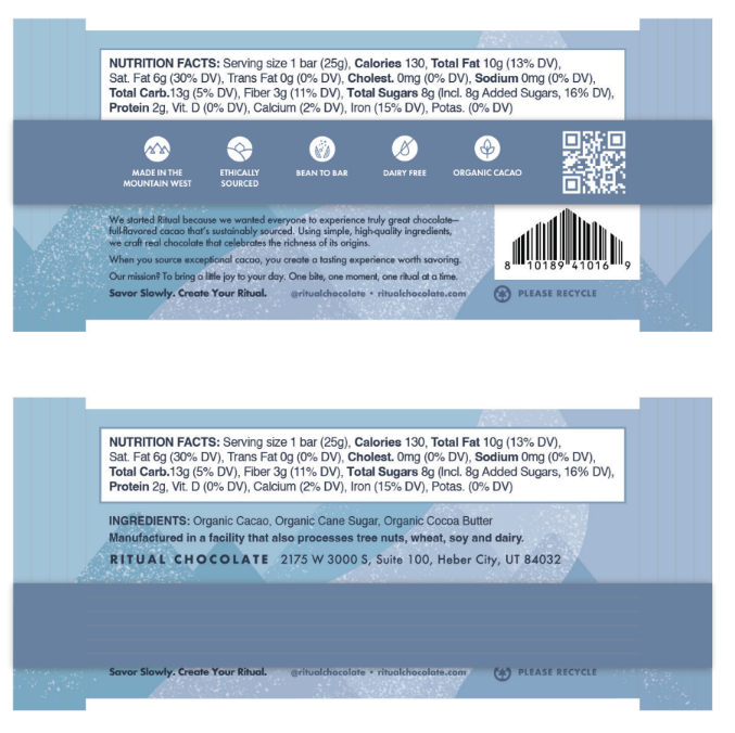 Back of a Ritual Chocolate bar packaging with nutrition facts, ingredients, and QR code.