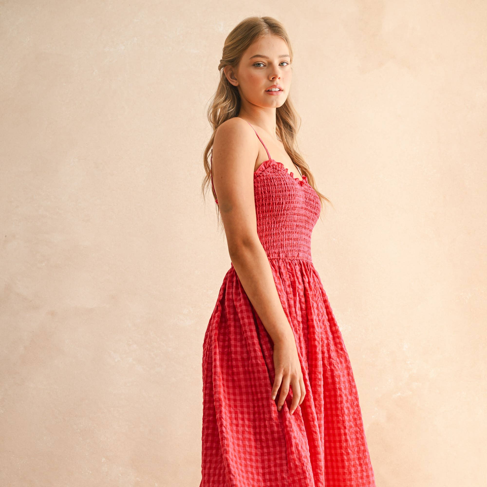 Gingham Print Long Dress - Red & Pink