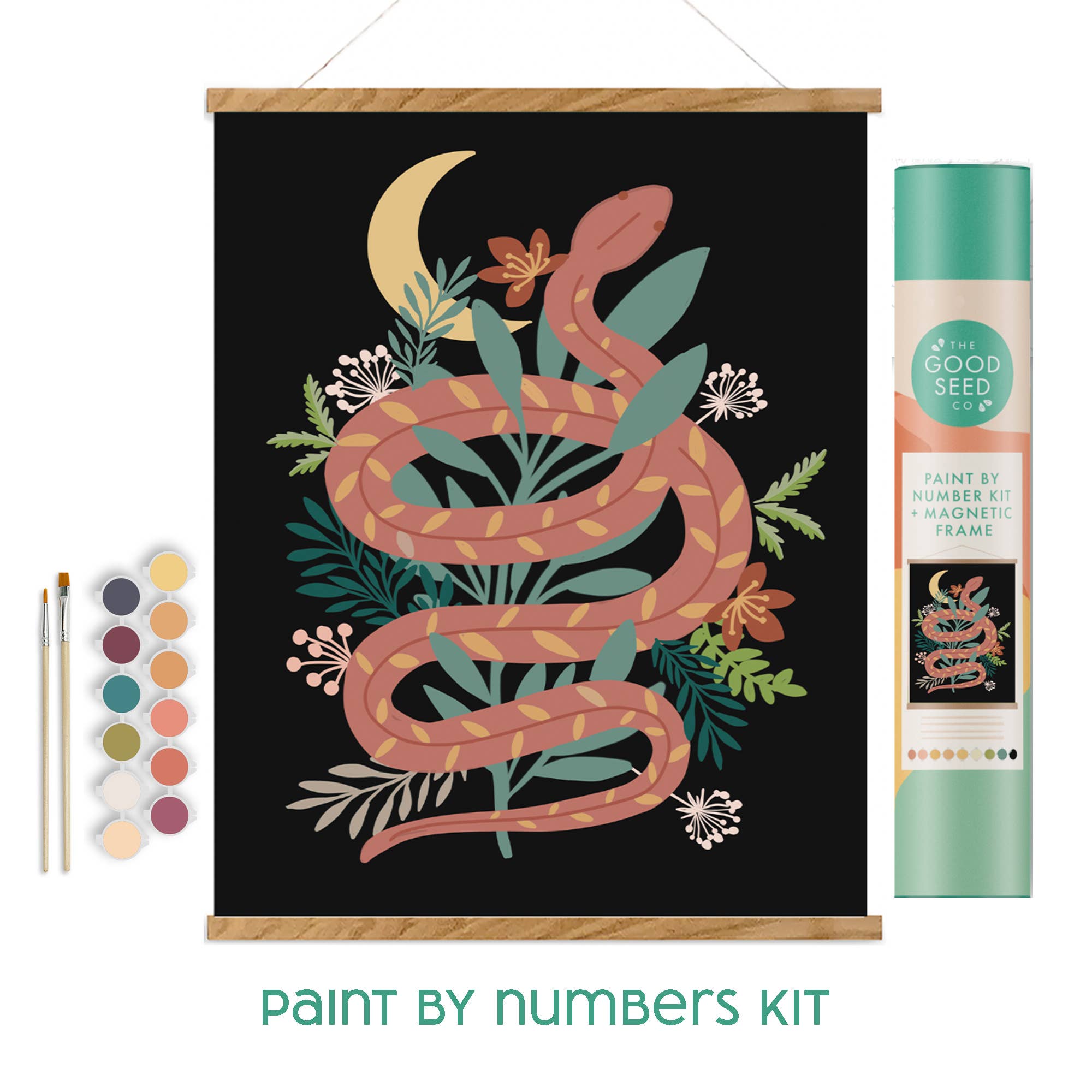 Paint by numbers kit with snake design, paintbrushes, and color swatch on a white background