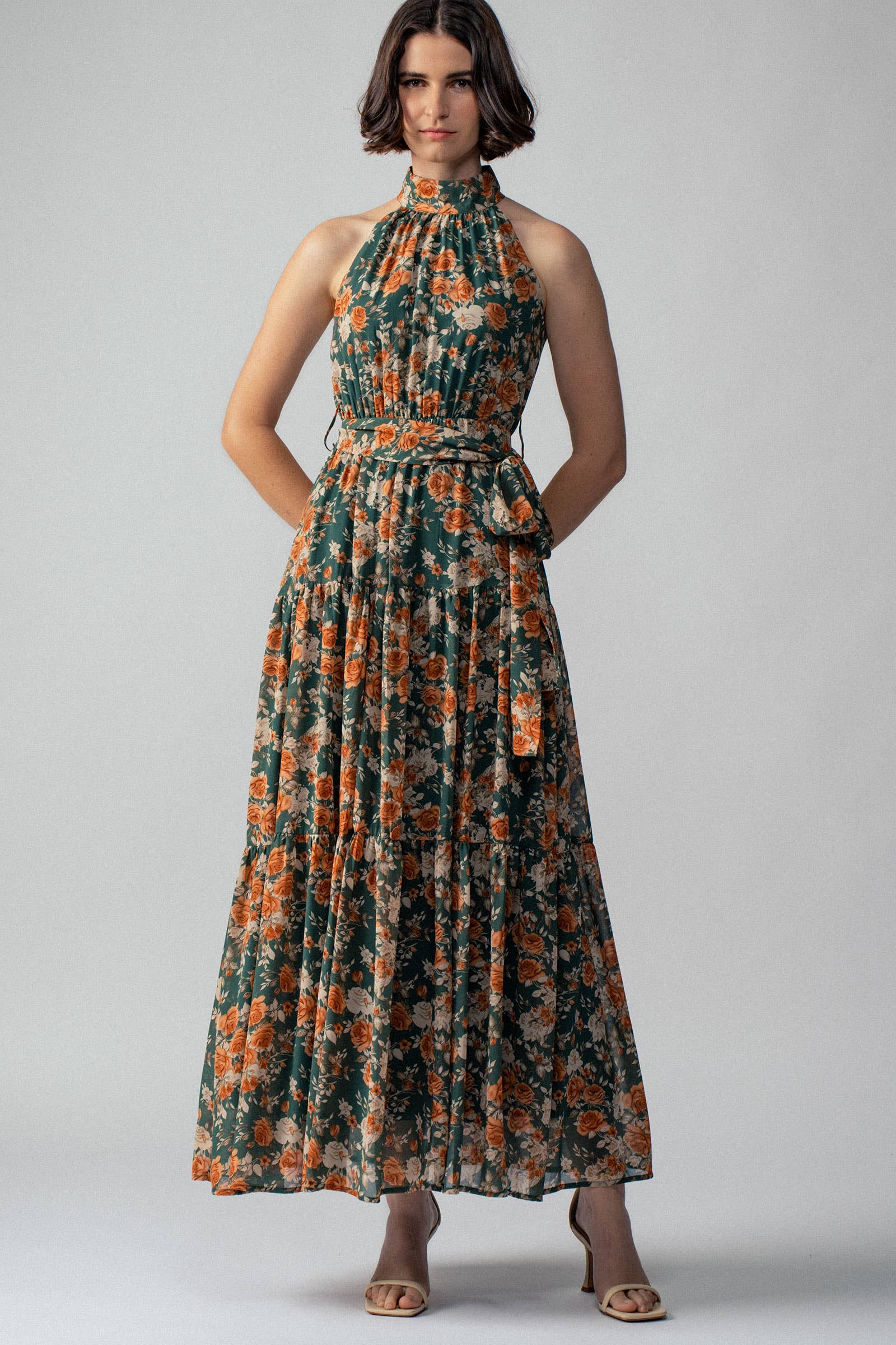 Halter Neck Floral Tiered Maxi Dress