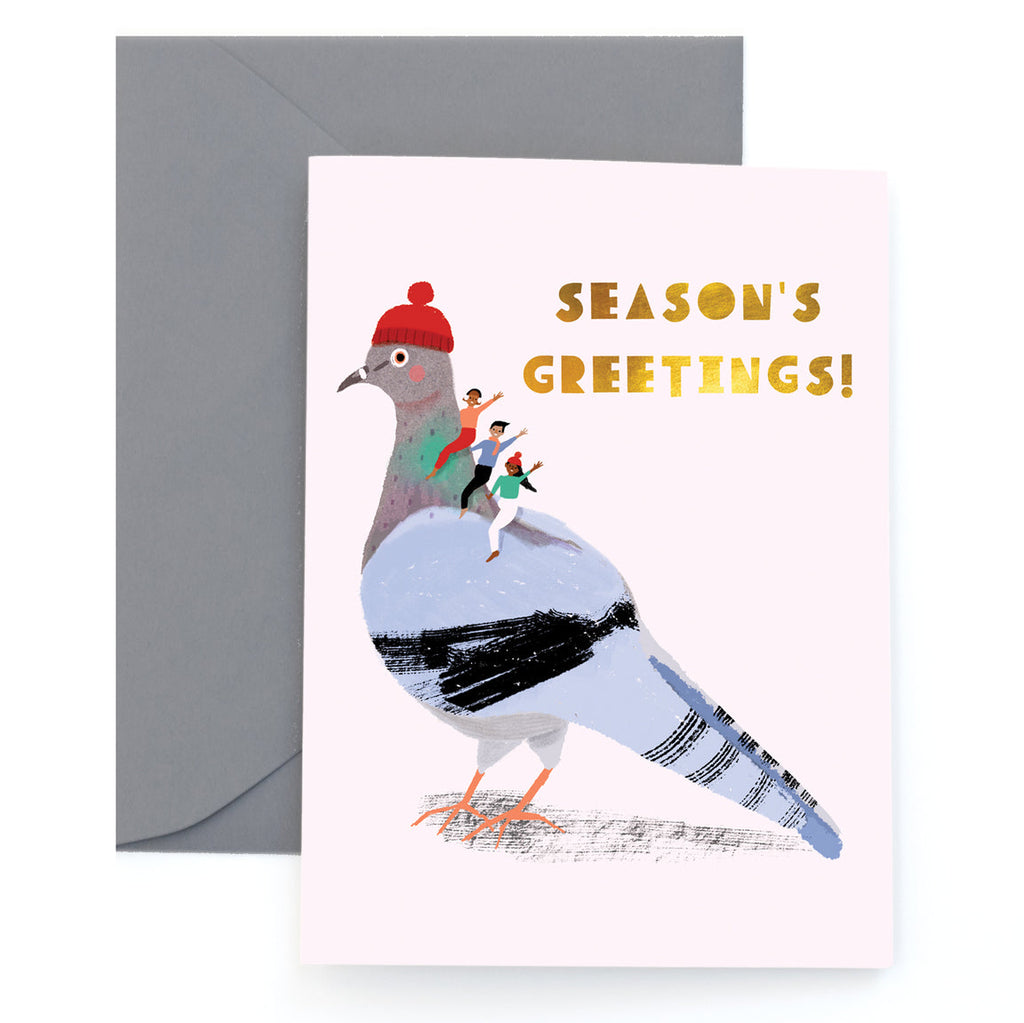 Bring a bit of cheer this holiday season with this Rock Pigeon card! Bold hues of sky blue and white will help your words hardly fly straight from the heart. This design is sure to get coos of appreciation in the mail! 🕊  Greeting Card, blank inside.  A2 Size -  4.25 by 5.5 inches  Comes with a coordinated envelope and packaged in a clear sleeve.