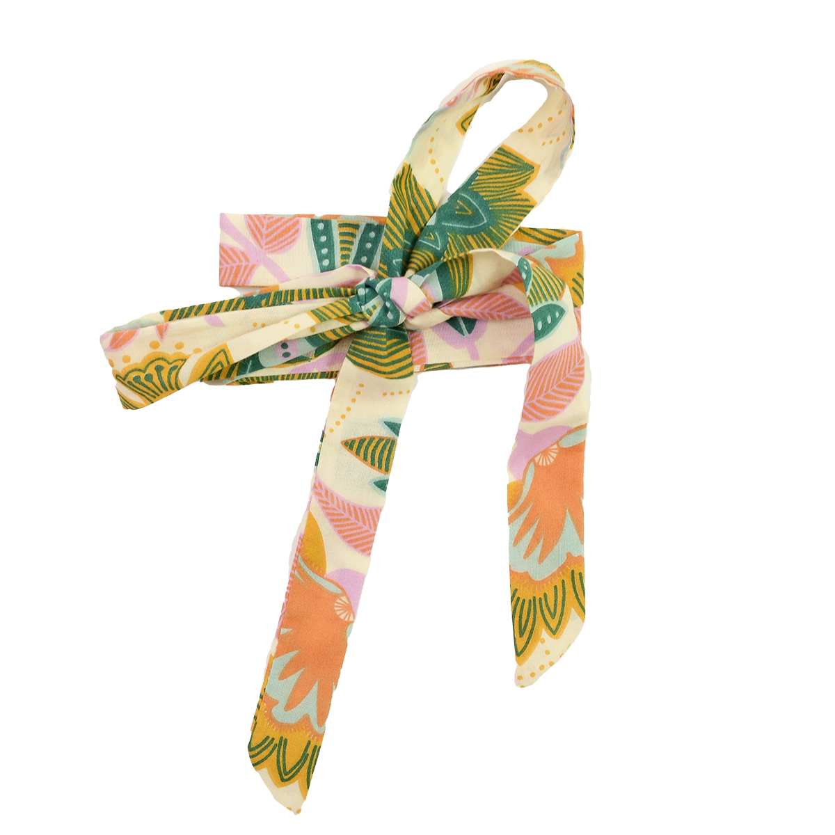 Colorful patterned scarf tied in a knot on a white background