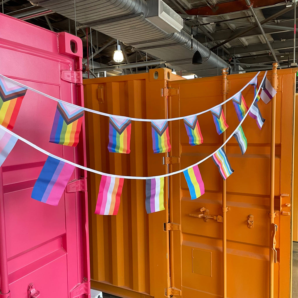 Fill your space with pride with this 18ft bunting complete with 12 pride flags. The flags are concentrated in the middle so you have ample string on either side to secure the bunting to any attachment point! Perfect for any party or just as house decor.