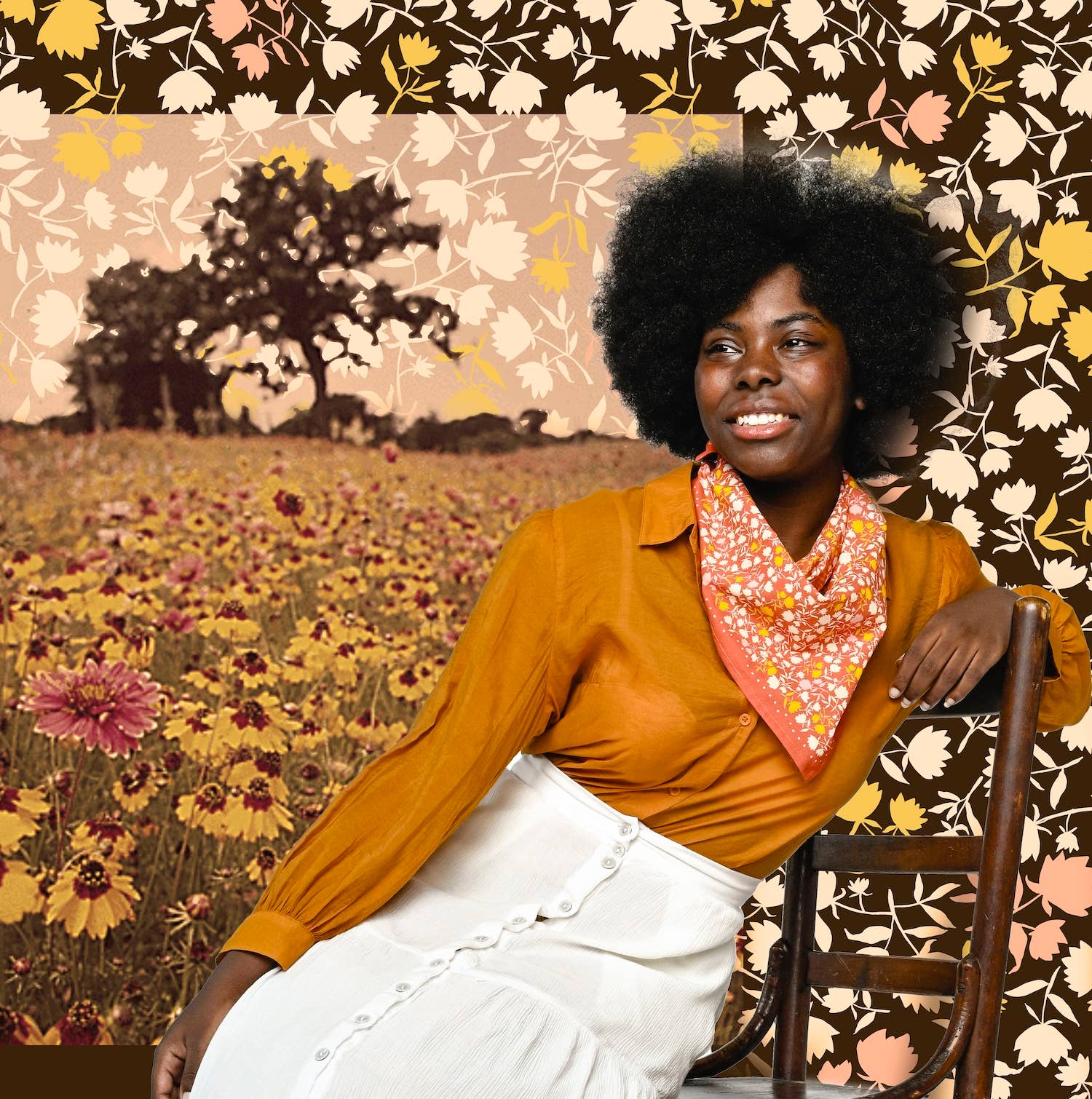Woman sitting on a chair with a floral and nature-themed background