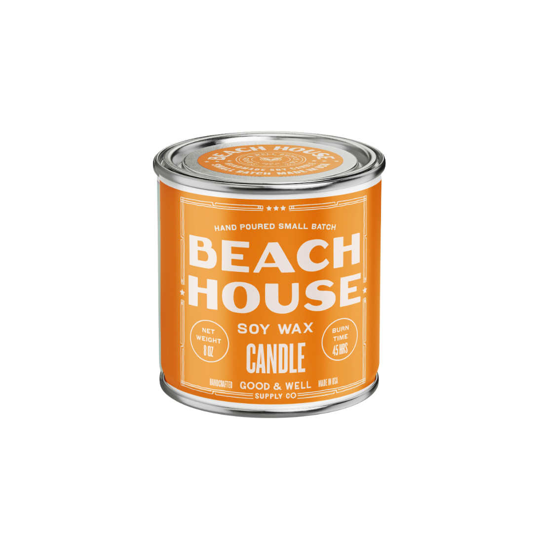 Beach House soy wax candle can on a white background