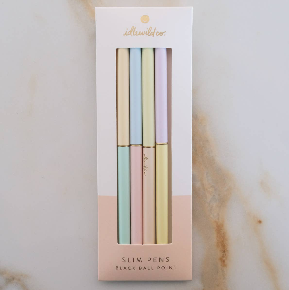 Our best-selling slim style ballpoint pens feature scratch proof barrels in vibrant colors, designed to last a lifetime. The slim barrel makes writing effortless, and proves why these pens are best-selling season after season. Each set of four coordinating pens is packaged in a custom-designed, plastic-free package that shows off the color way.

• Black Ink&nbsp;

• Approximately 6 1/4″ X 5/16″

• Plastic Free Packaging