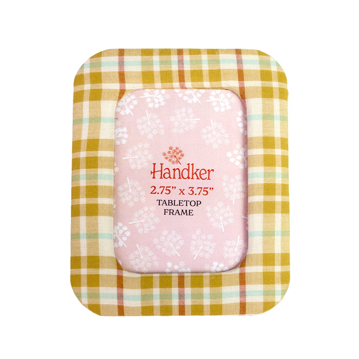 A small rectangular tabletop picture frame with a mustard yellow, beige, and mint green plaid border, holding a pink patterned insert card. The card is printed with the brand name 'Handker' and size information.