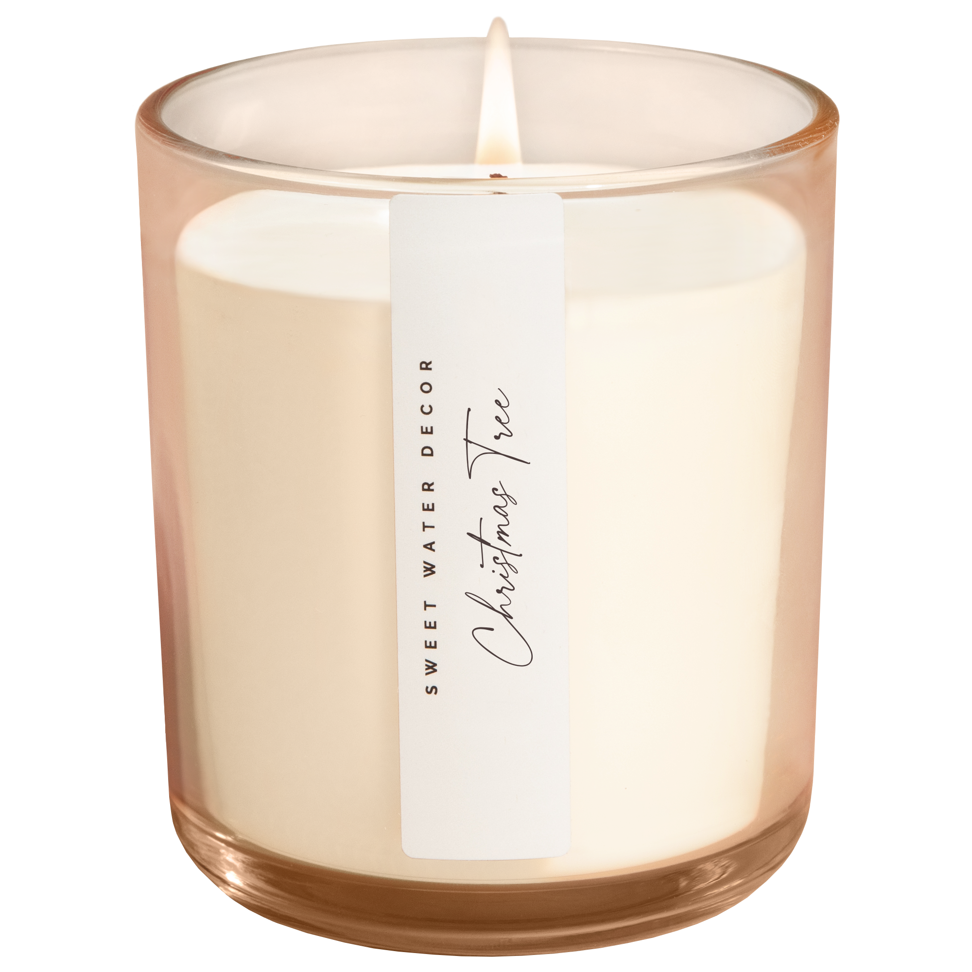 Candle in a clear glass jar with a label on a white background