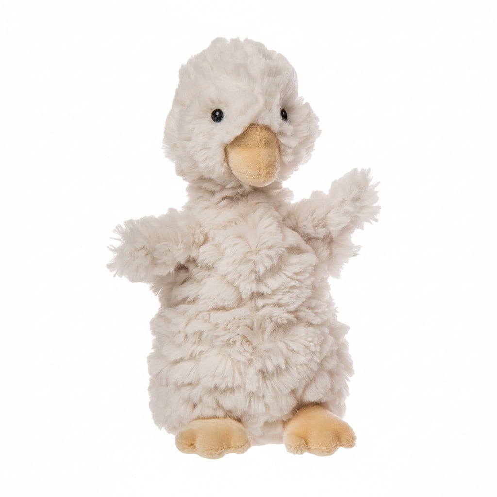 Putty Duckling features super soft etched fabric, and measures 7-inches. With lovely, warm colors and the sweetest smiles, Putty toys make oh -so -soft companions. A dab of Putty is enough to brighten every day. Kids love the softness and the elegant, classic designs have staying power. Weighted bums and feet add to floppiness.

Care for by washing in cold water on gentle cycle, air dry; soft toy made to strict quality standards to meet or exceed US Safety requirements.
