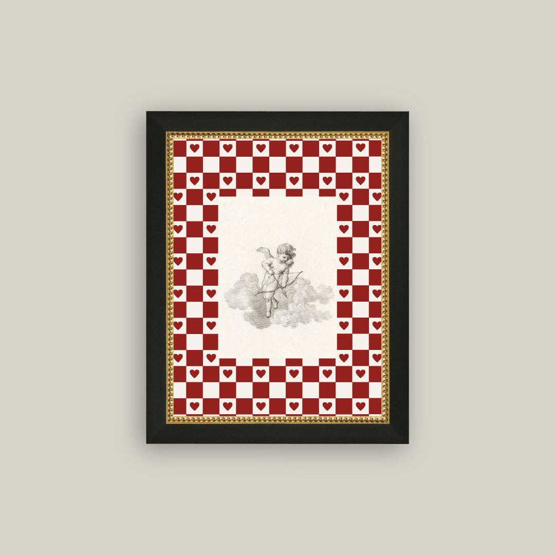 Checkered Cupid: 7x9 brings timeless romance into your space with its charming vintage aesthetic. This delightful piece features a whimsical Cupid illustration set against a classic red check background, all framed in an ornate vintage-style frame. Perfect for adding warmth and nostalgic character to bedrooms, entryways, or any room that could use a touch of romantic flair. A wonderful way to celebrate love and create an inviting atmosphere that feels both classic and full of personality.