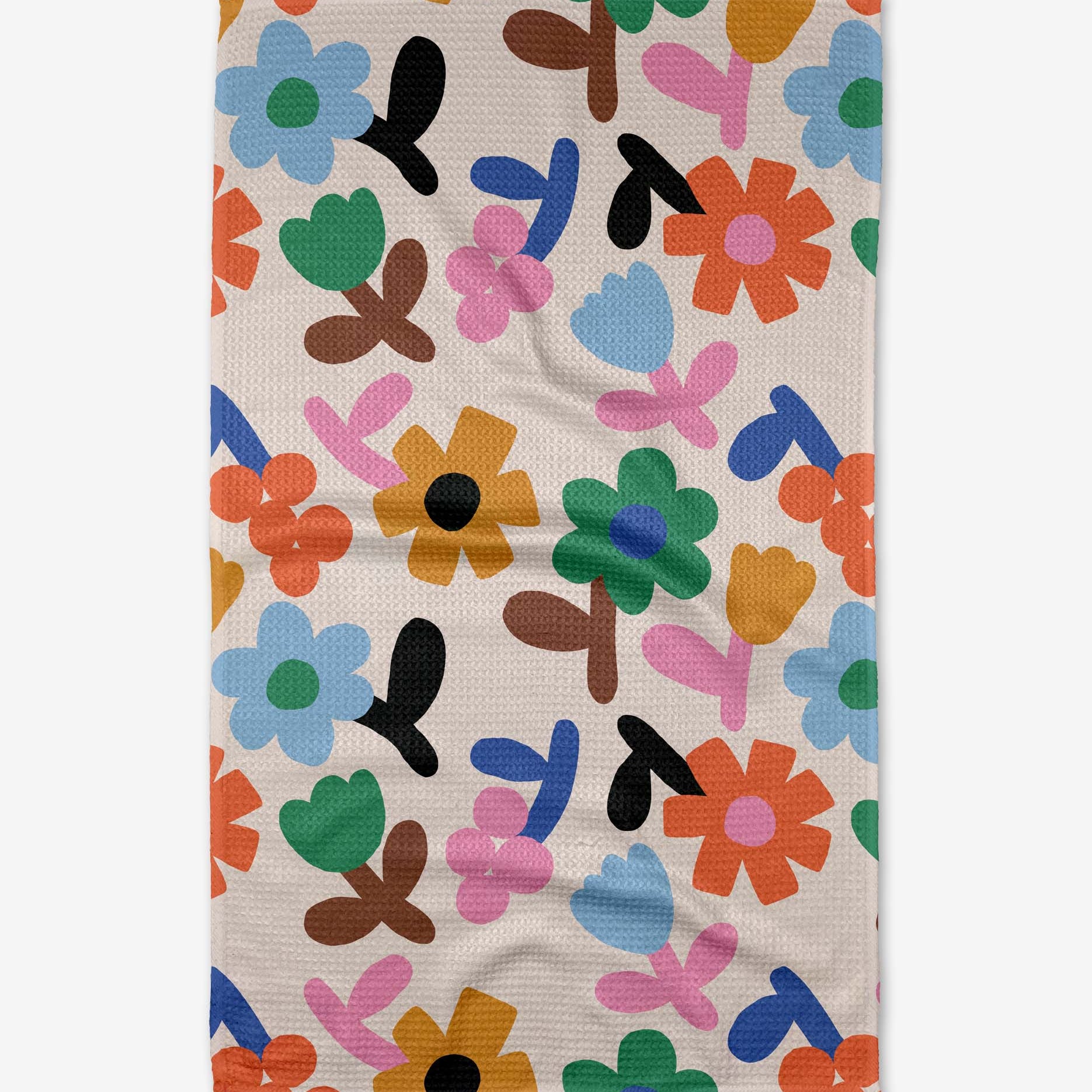 Beige towel with colorful abstract floral pattern on a white background Tea Towel