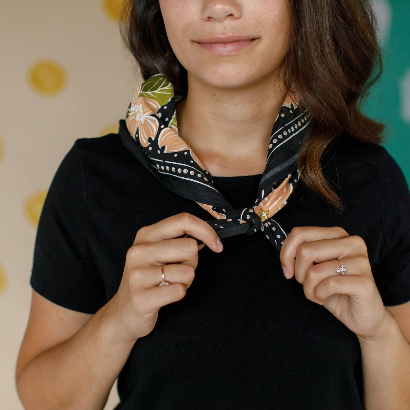 Black with Peach & Green dogwood flowers handkerchief 