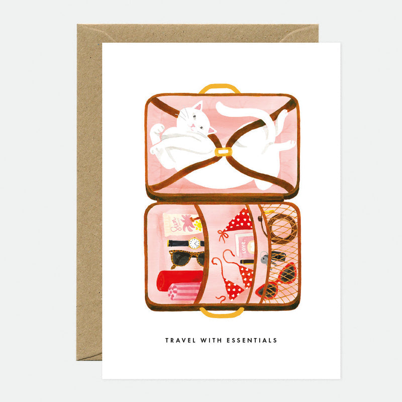 Don't forget to pack a sense of humor with our Travel Essentials Greeting Card! This quirky, fun card will bring a smile to anyone's face. Perfect for sending to a globetrotting friend or loved one.&nbsp;