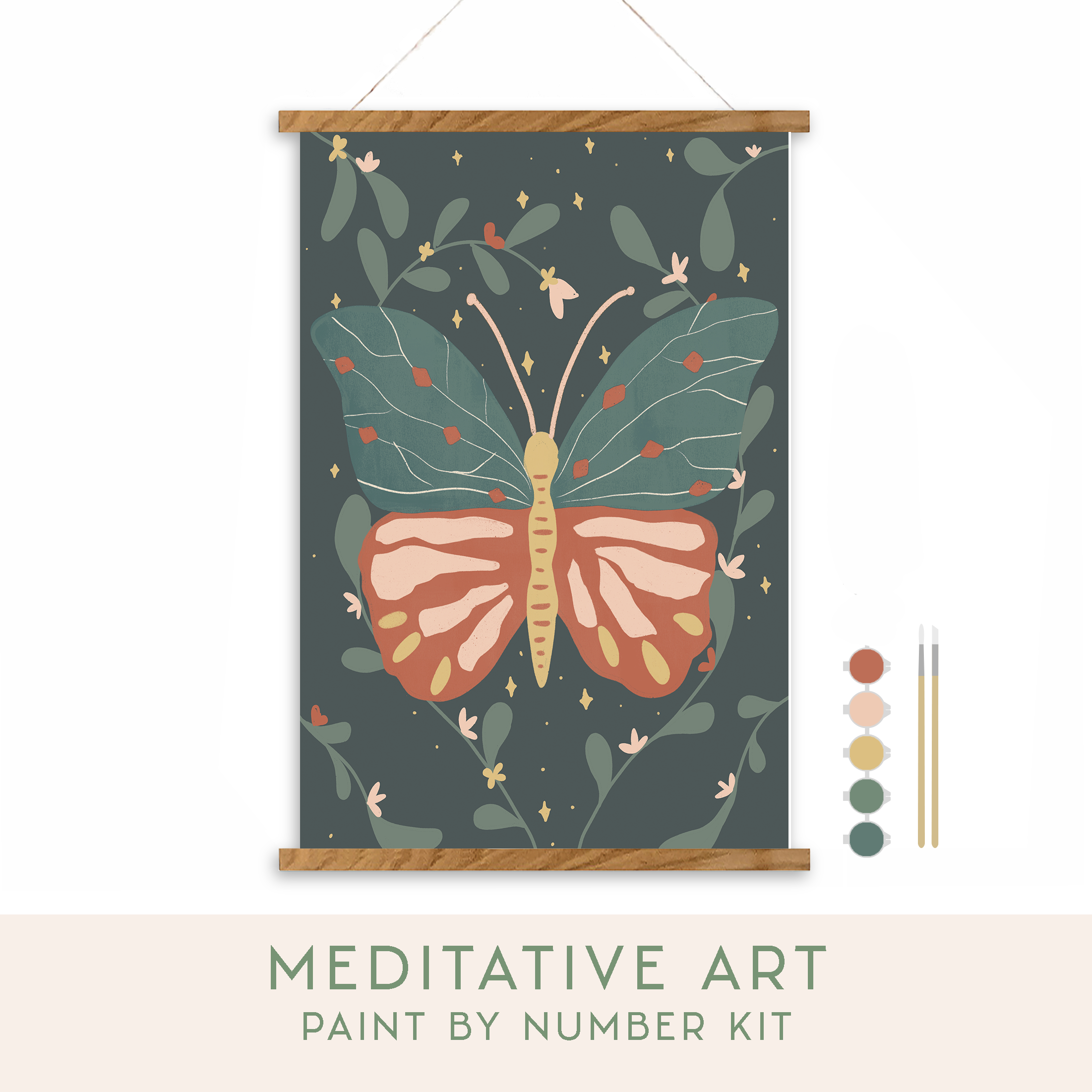 Butterfly design paint by number kit with color swatches on a white background
