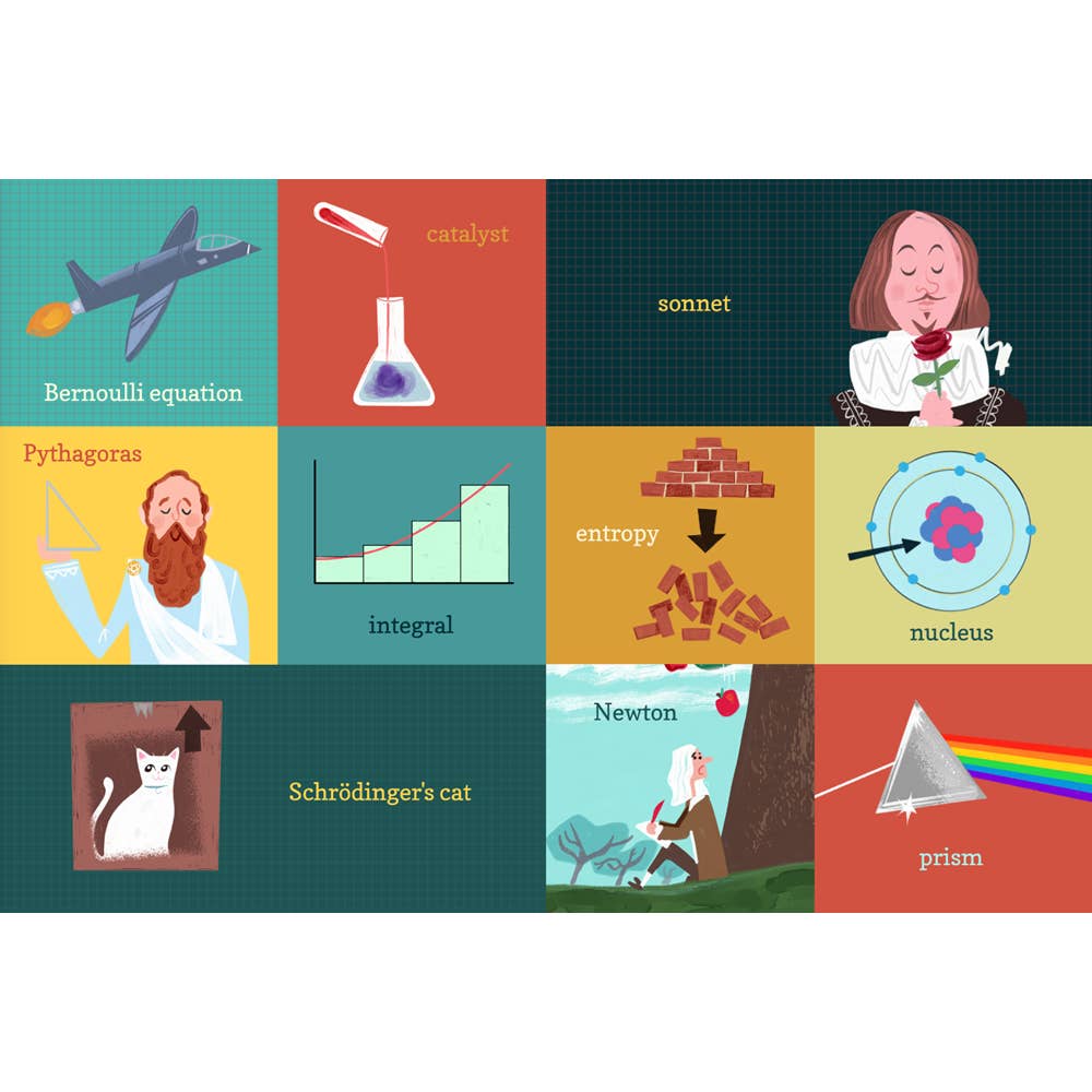 Introducing 100 First Words for Little Geniuses, a brainy primer for kids learning their first words! Forget apple and dog. Little geniuses are ready for quark, integral, and thermodynamics. From math to physics to philosophy, these are the words every budding genius needs in his or her vocabulary (even at the age of 2). Packed with fun illustrations and 100 words every genius baby should know, 100 First Words for Little Geniuses is the perfect board book for smart families everywhere.