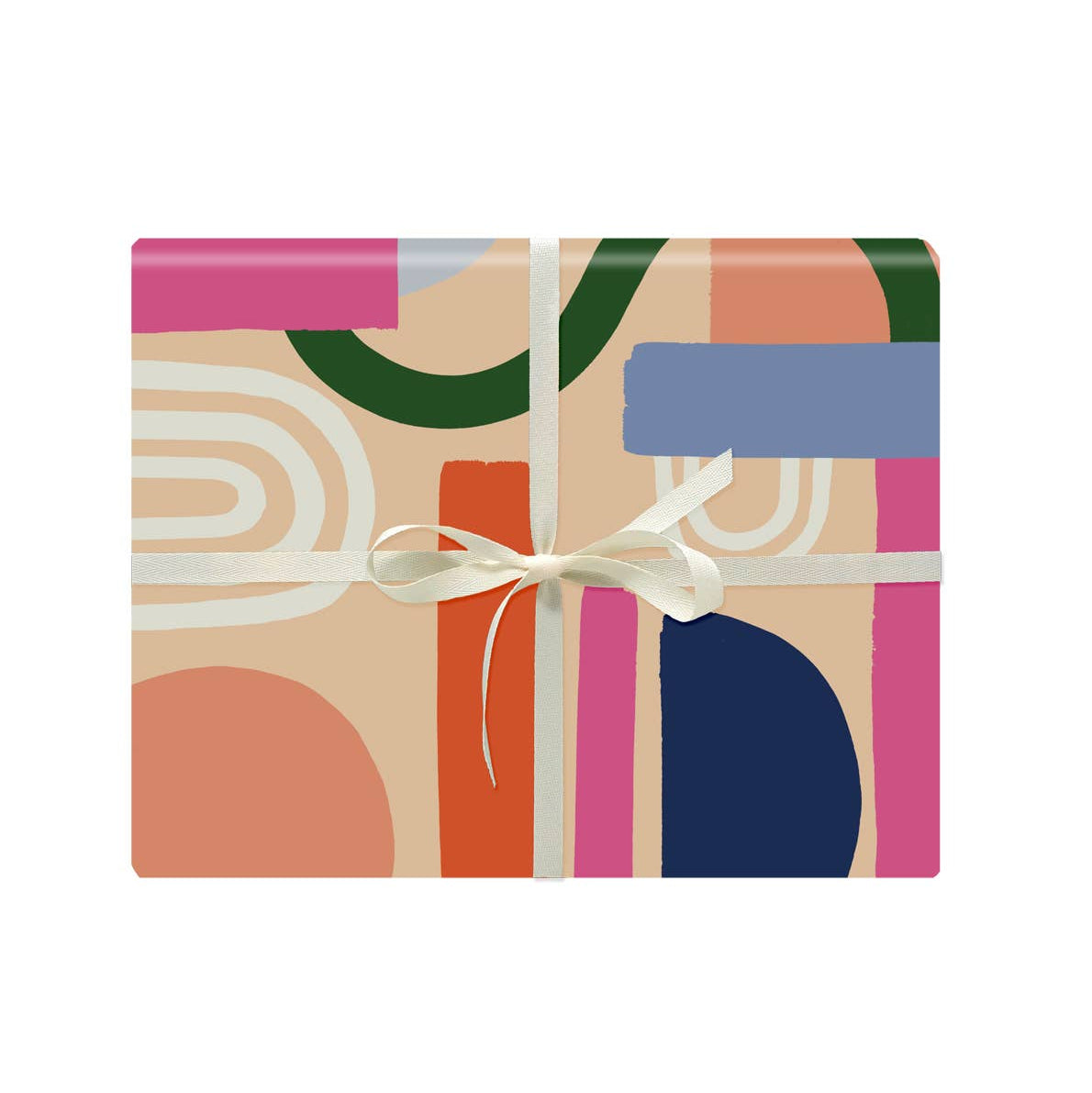 Colorful gift box with abstract patterns and a white ribbon on a white background