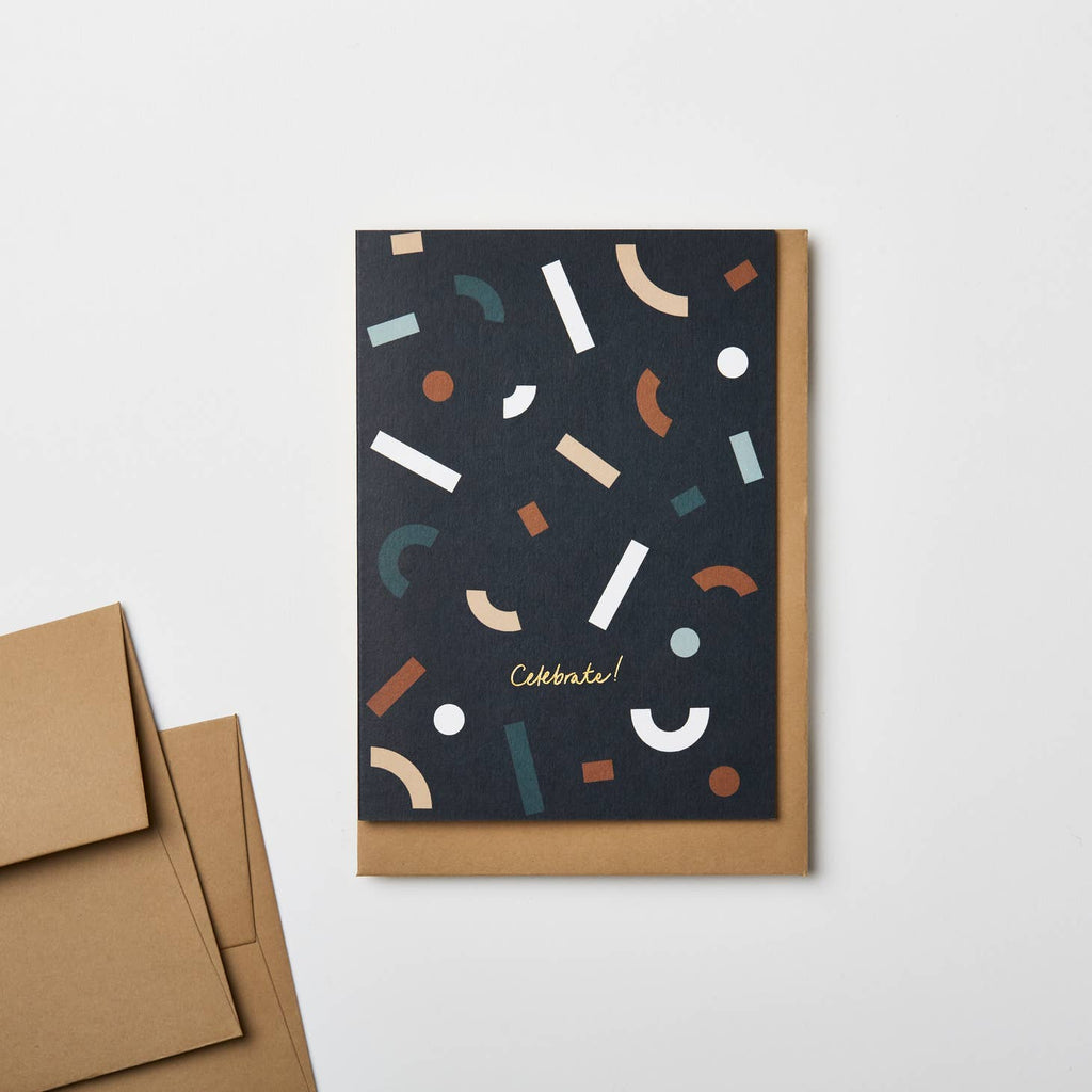 One of the most popular designs in a festive color palette, with gold foiled, hand-lettered 'celebrate!'. Accompanied with a beautiful gf smith kraft envelope.
