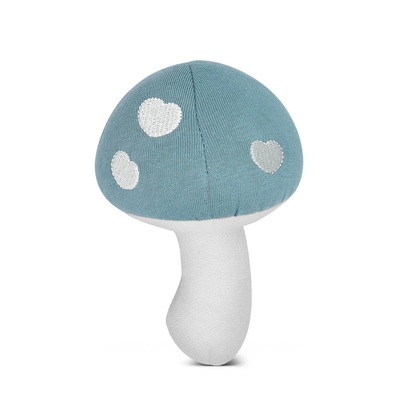 Let this Teal Mushroom Rattle add a touch of whimsy to your baby's toy collection. Made of soft mint velour, it's perfect for tiny hands to shake and play with. It also makes a gentle rattling sound to stimulate sensory development. It's the perfect blend of cute and practical. Fungi never looked so fun!