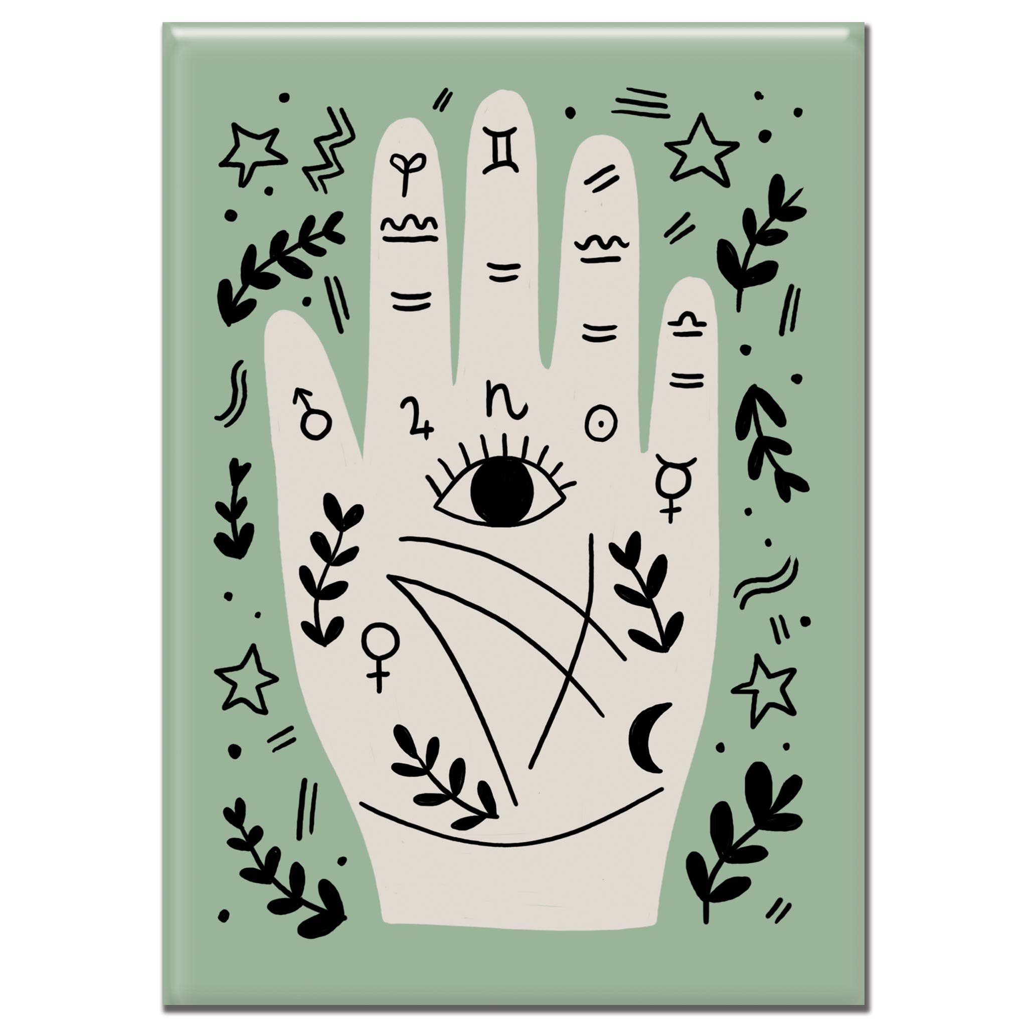 Mystic Hand Eye Rectangle Magnet by Badge Bomb 2.5" x 3.5" with flexi-ceramic magnetic back. Made in USA with recycled paper &amp; steel. Hand-pressed in our Portland, OR factory.
