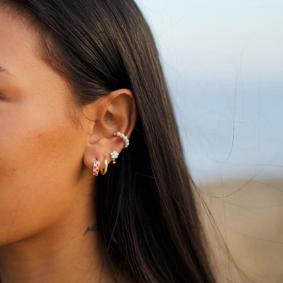 Pink and White Checkers Hoops - Mauve Jewelry Co.