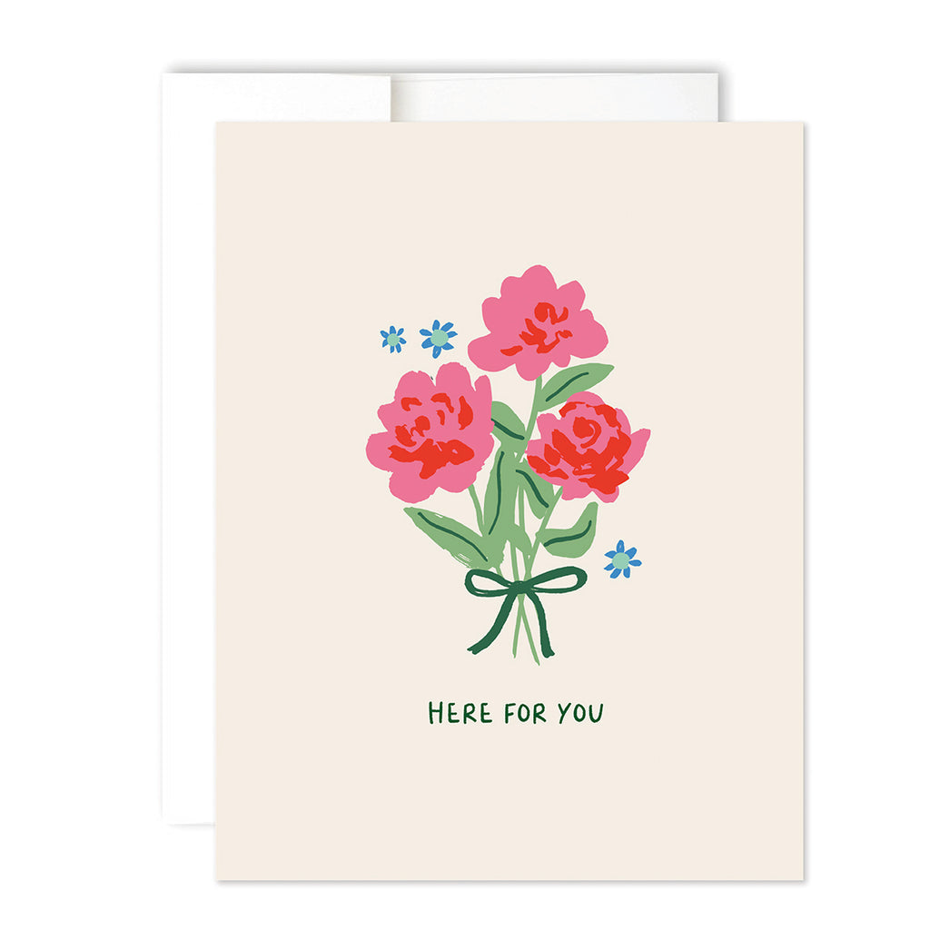 cream card reading "Here For You" with a bunch of blue and pink flowers