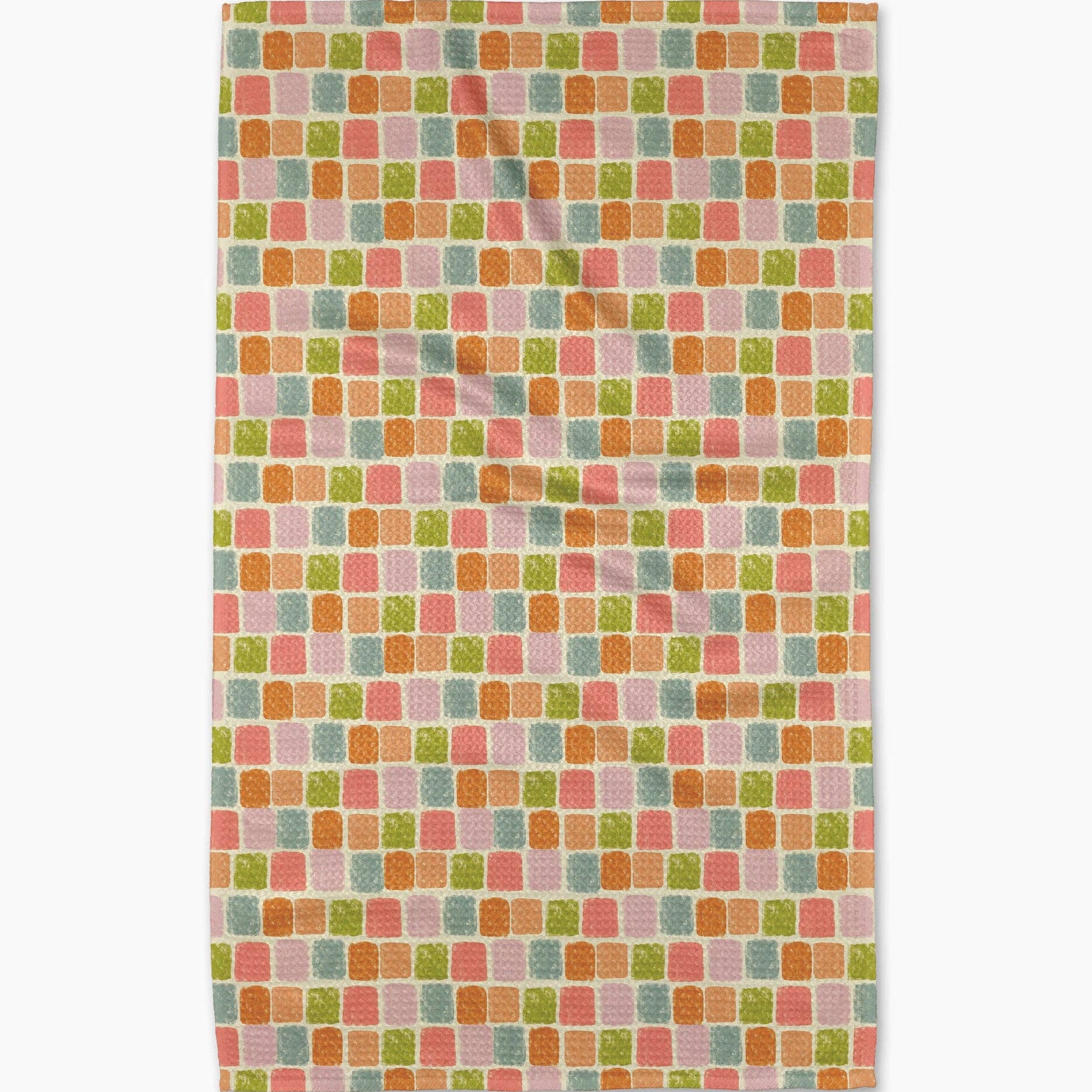 Colorful checkered pattern on a white background tea towel. 
