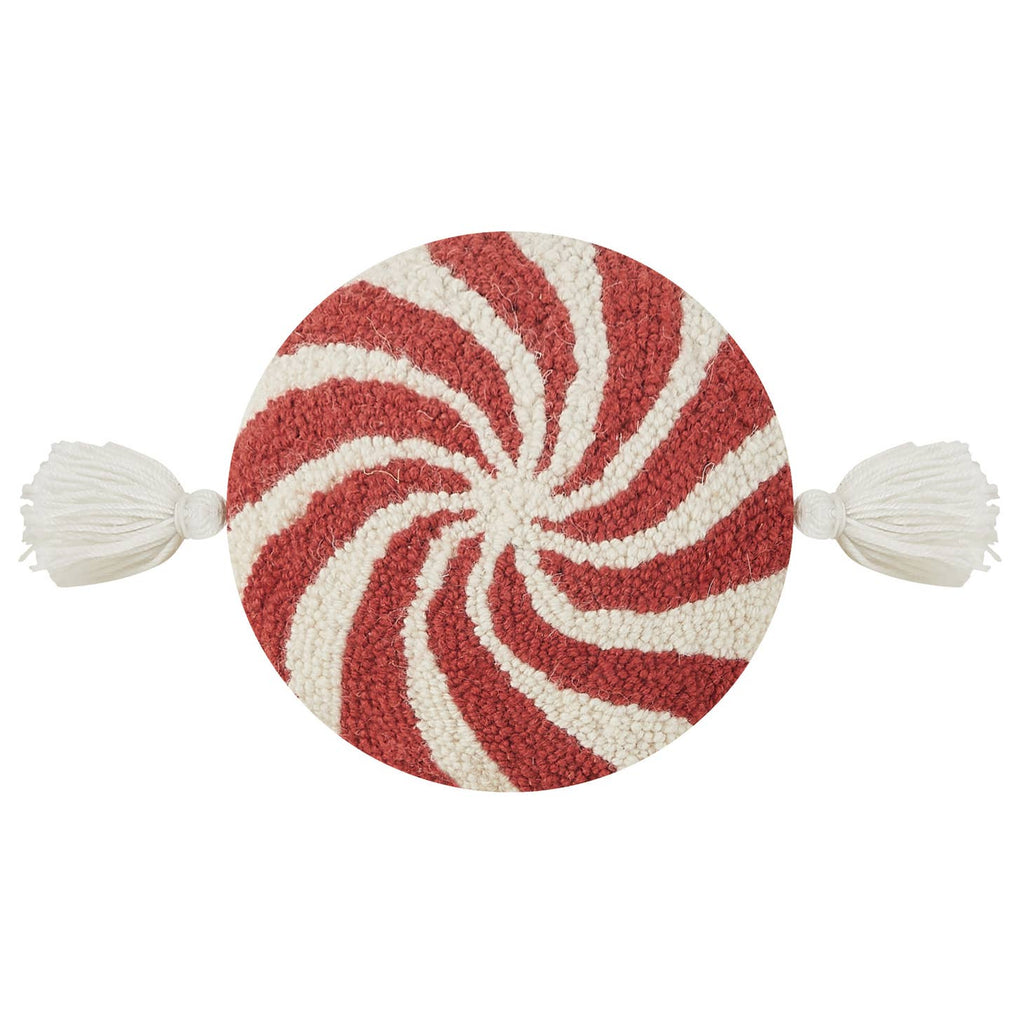 Peppermint Candy W/Tassels Hook Pillow     Material  Wool hook pillow, with cotton velvet backing.  Includes polyester insert, zipper closure     Size  9″ x 2″