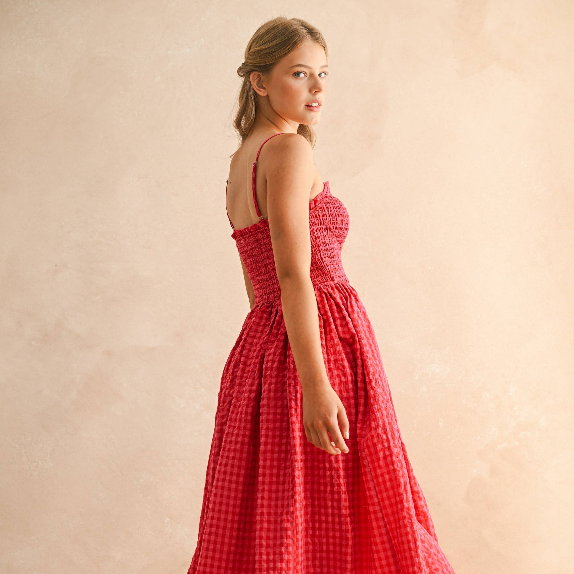 Gingham Print Long Dress - Red & Pink