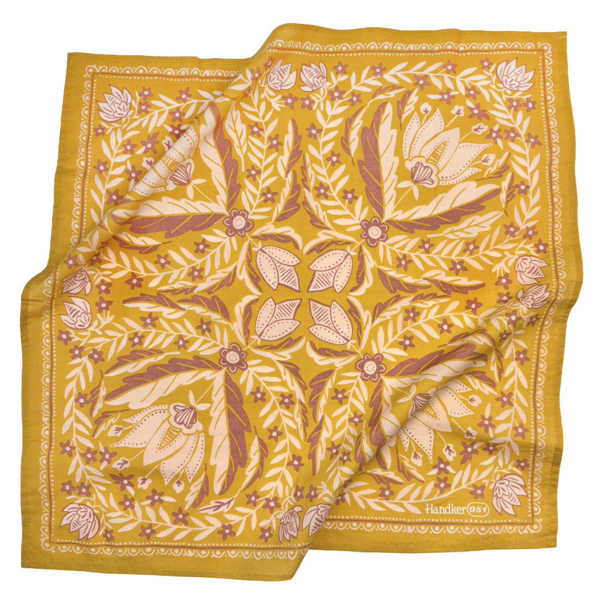 Yellow bandana with floral pattern on a white background