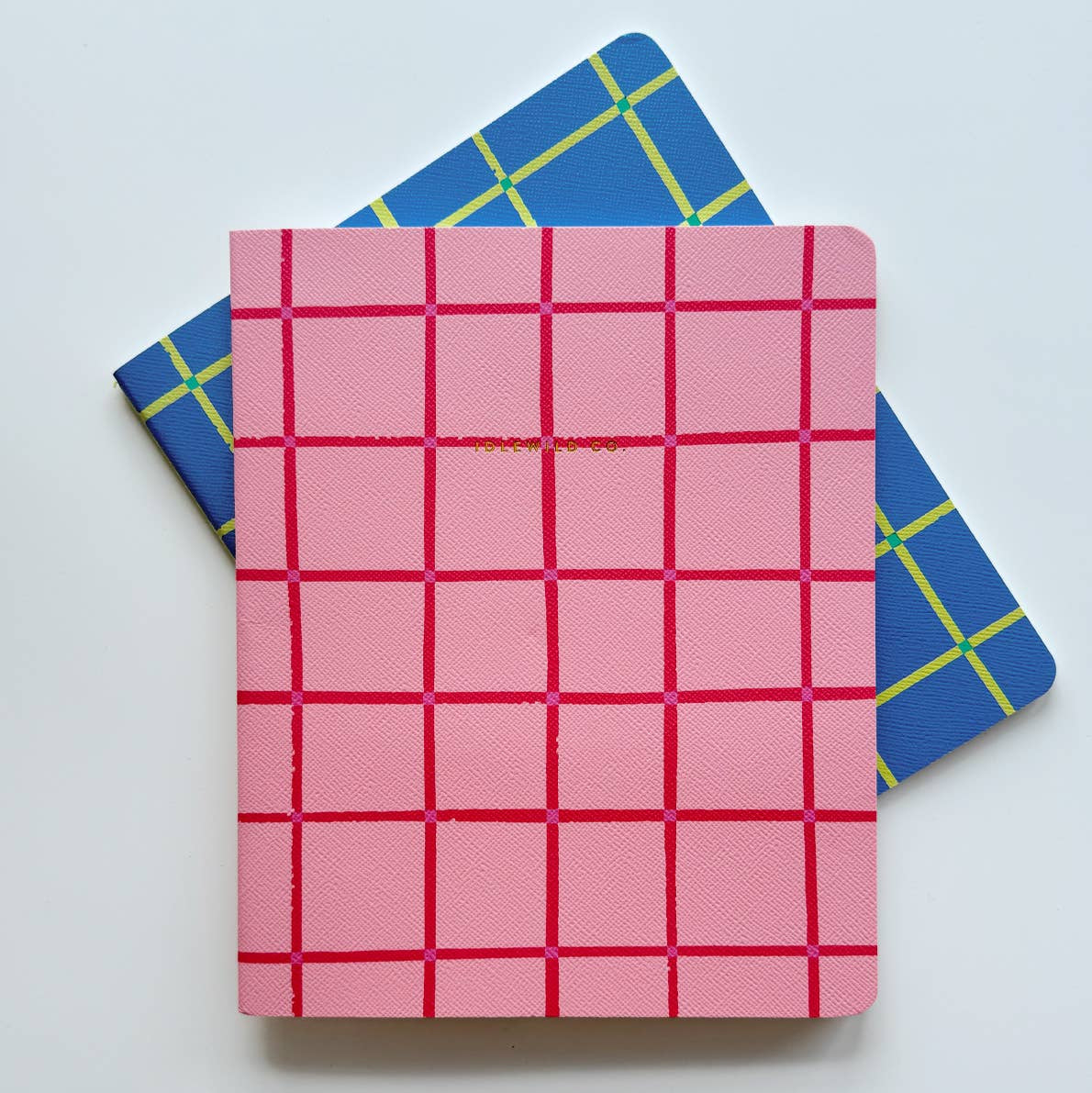 Two notebooks with grid patterns, one pink and one blue, on a light gray background.