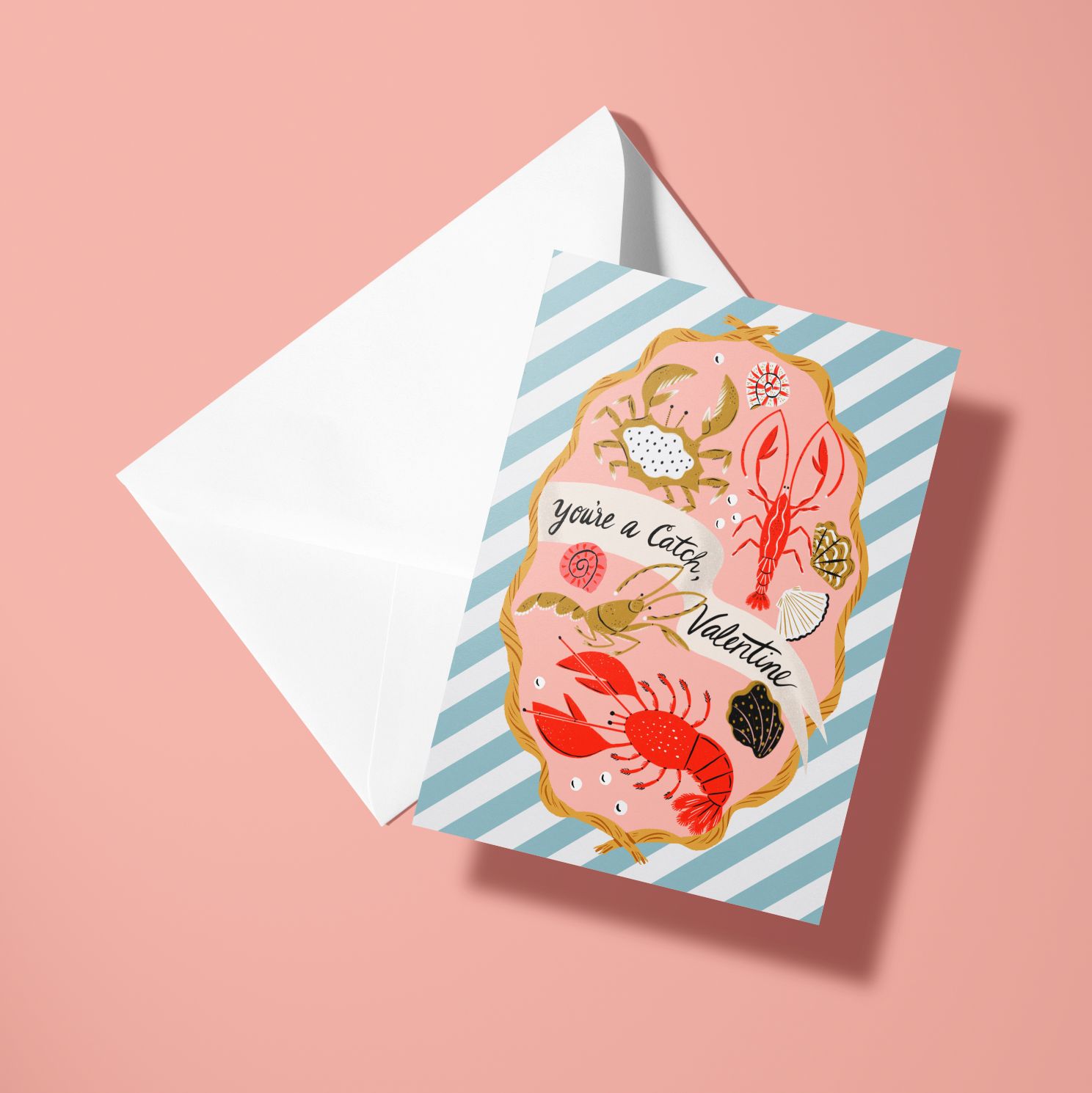 Greeting card with striped design and lobster illustration on a pink background