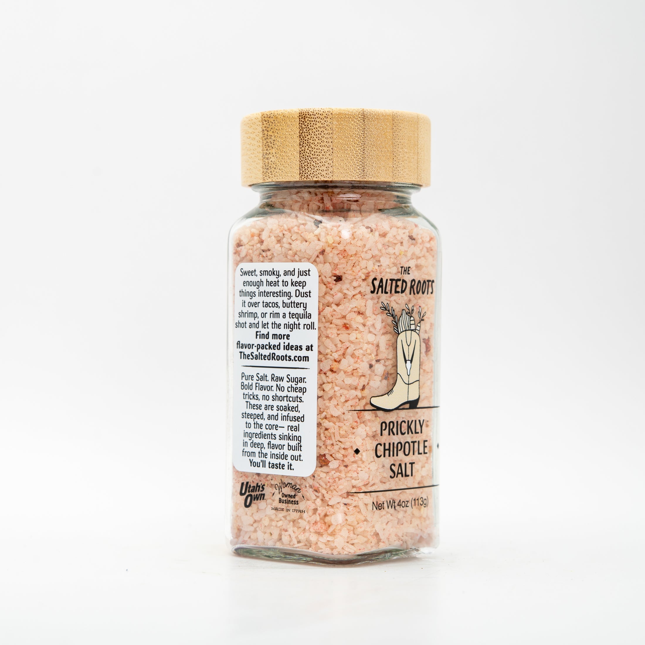 Side view of salt jar with labels. 
