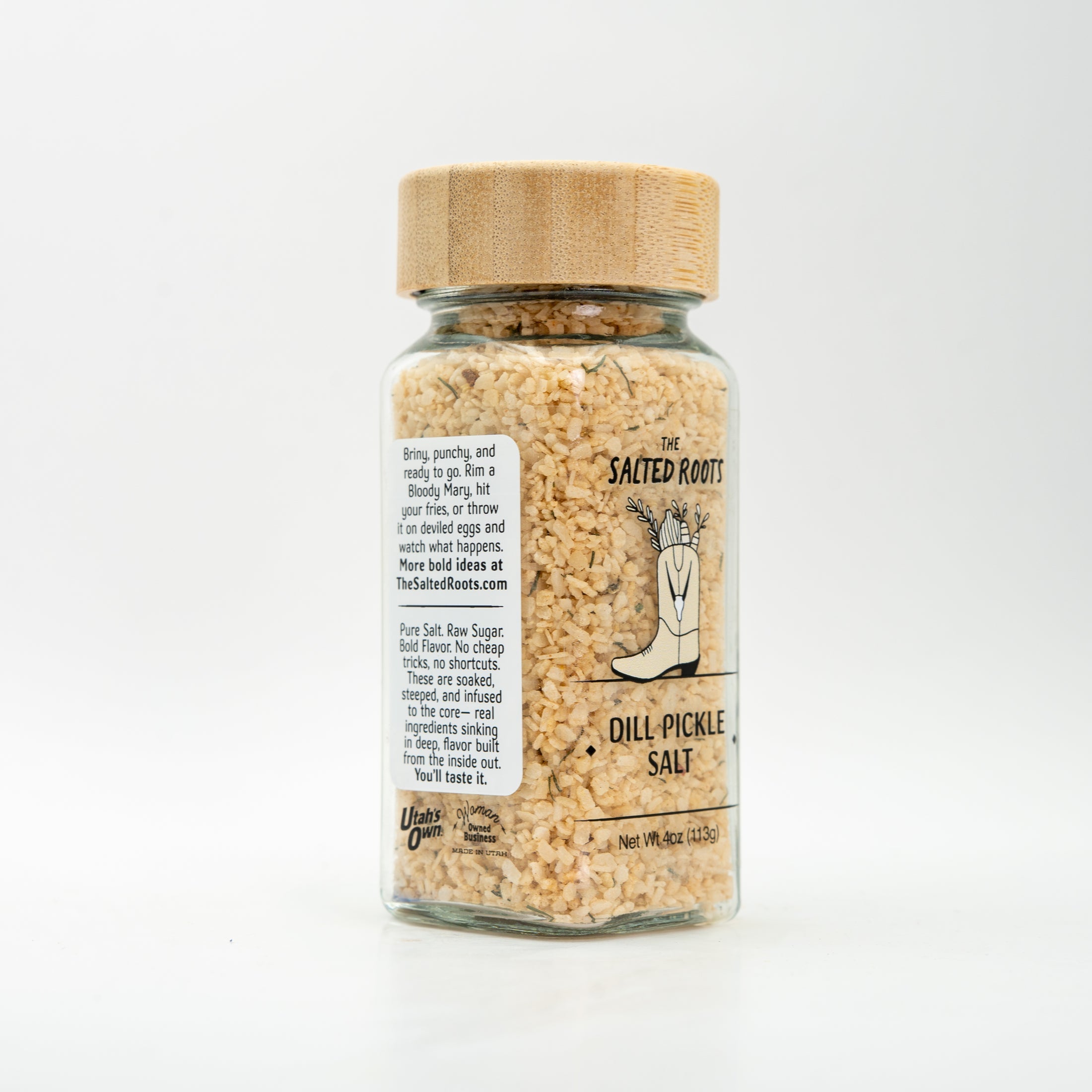 Side view of salt jar with labels. 