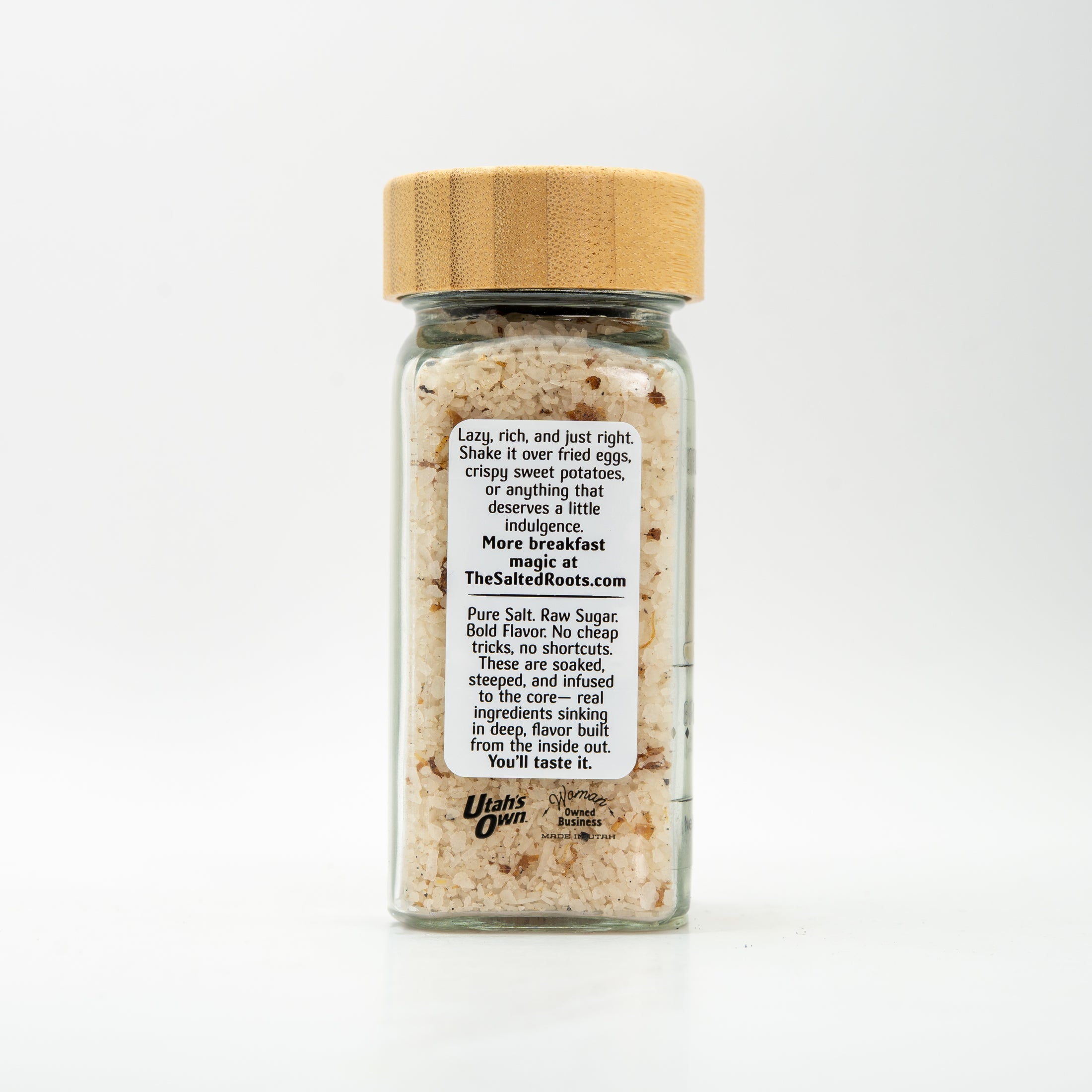 back view of salt jar with labels. 