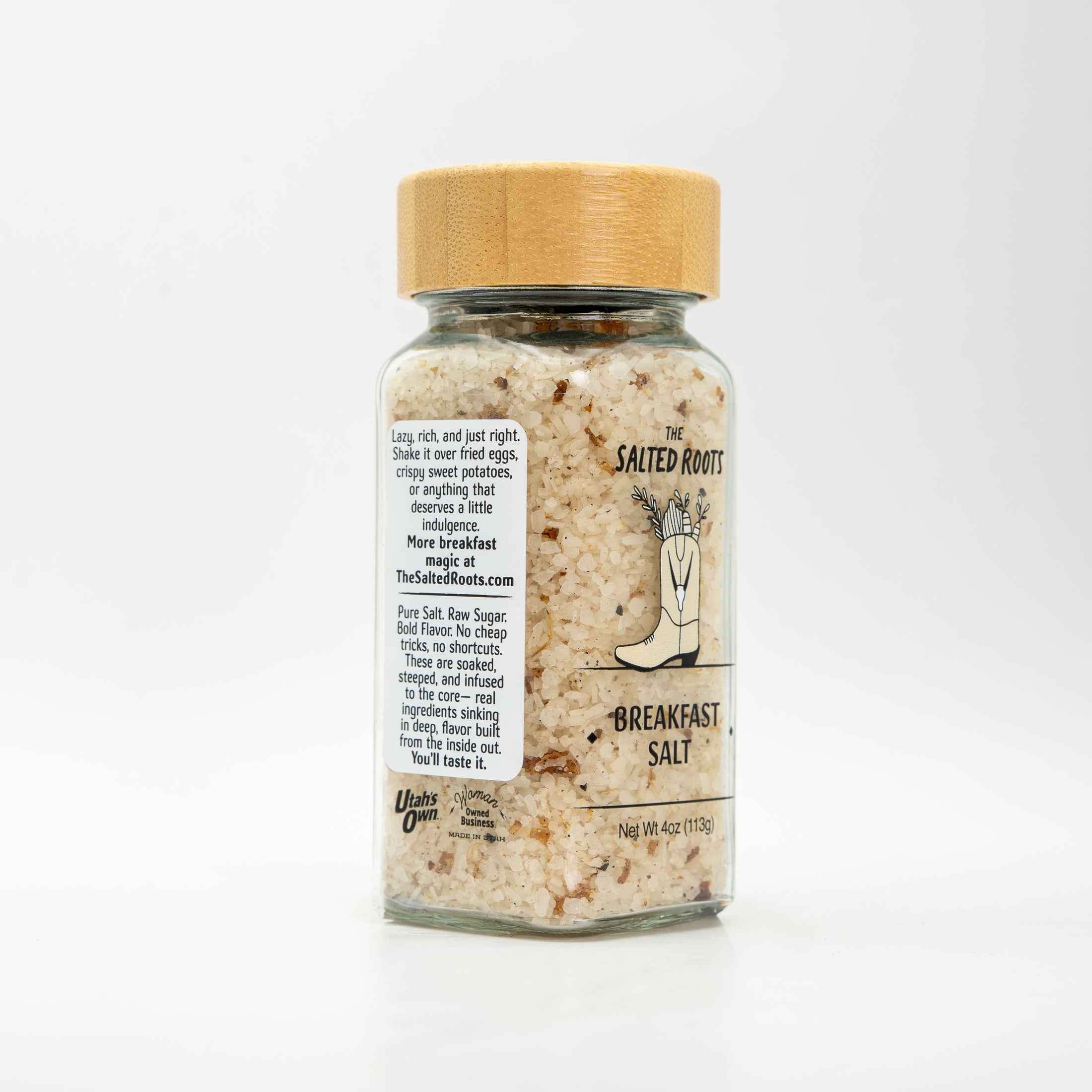 side view of salt jar with labels. 