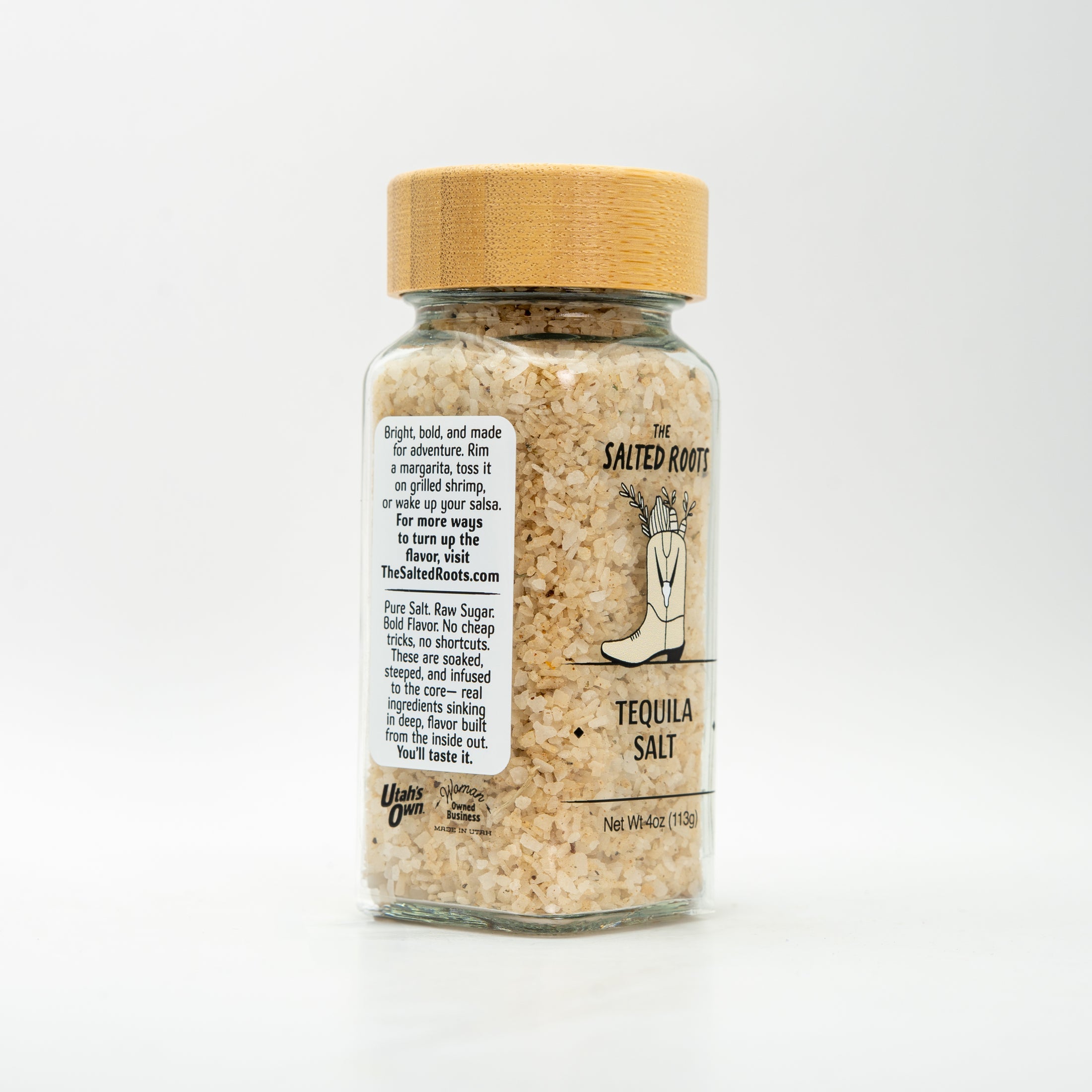 Side view of salt jar with label. 
