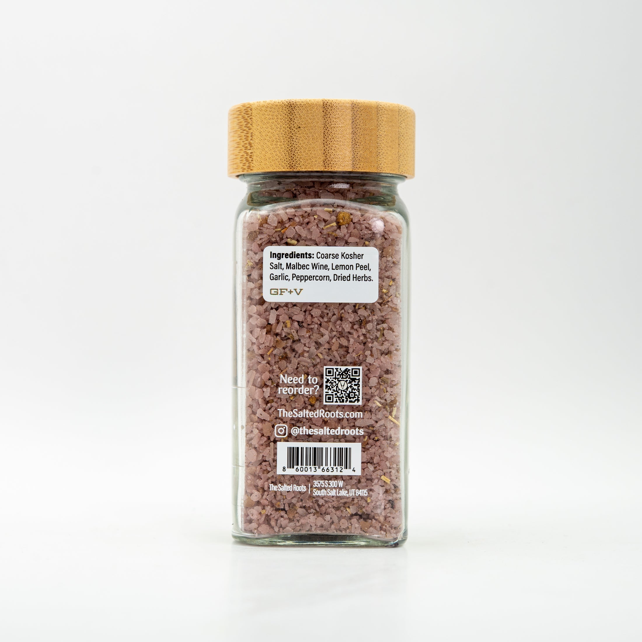 Back view of salt jar with labels. 